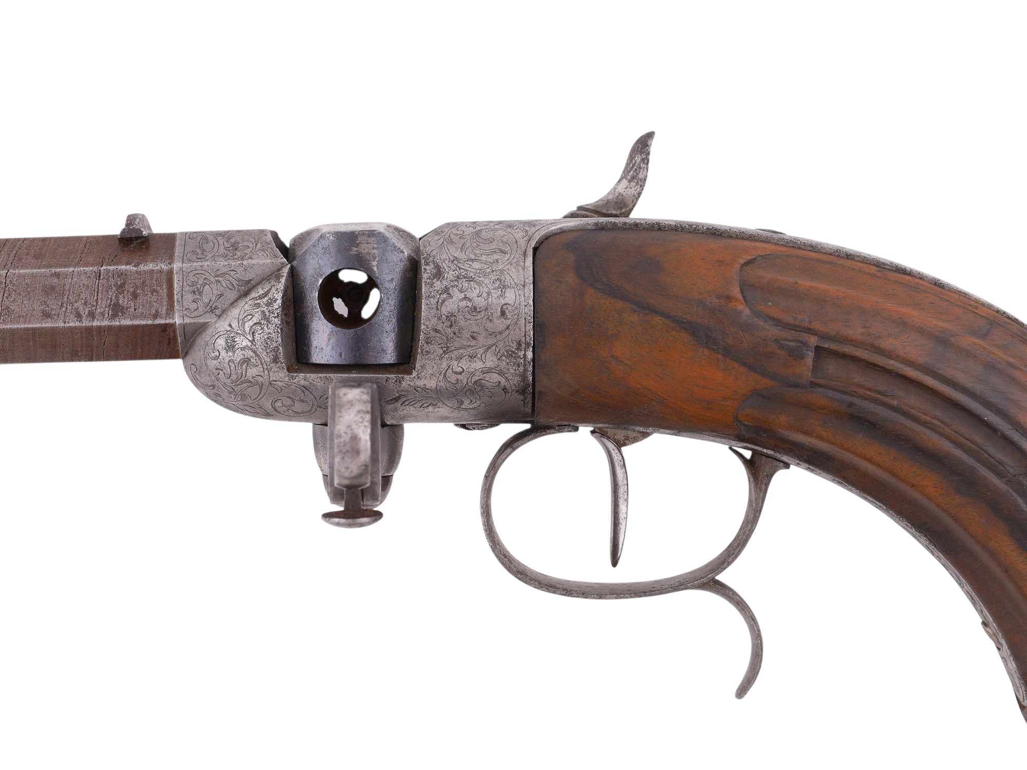 A RARE ENGRAVED BERINGER SYSTEM ROTATING BREECH LOADING PISTOL WITH DAMASCUS STEEL BARREL, 19TH CENTURY