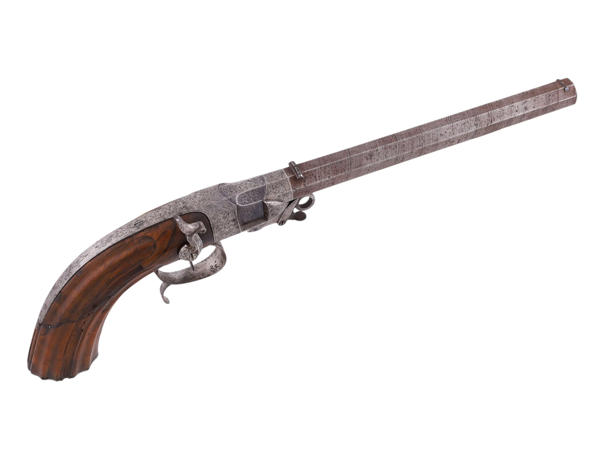 A RARE ENGRAVED BERINGER SYSTEM ROTATING BREECH LOADING PISTOL WITH DAMASCUS STEEL BARREL, 19TH CENTURY