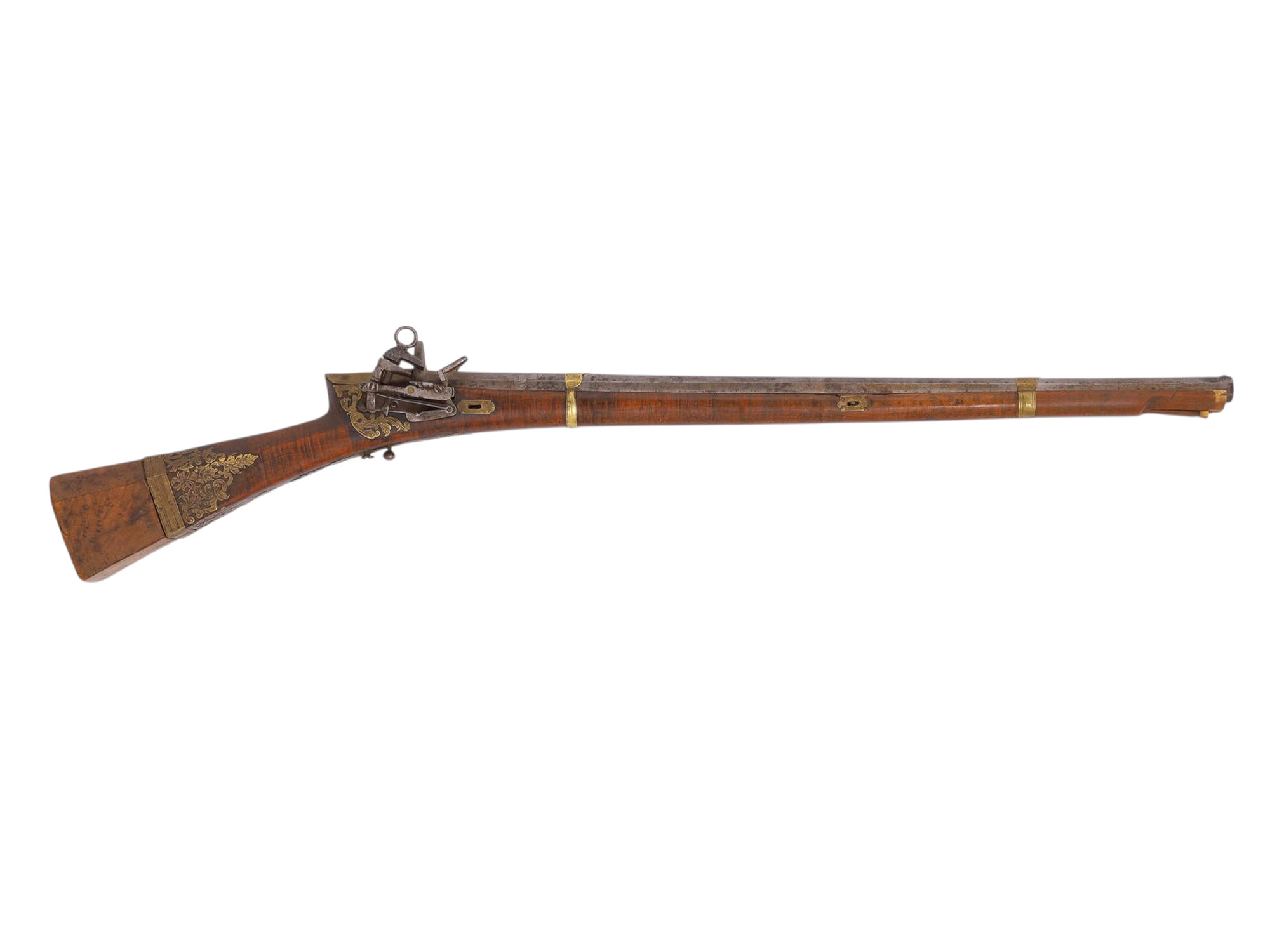 AN OTTOMAN TURKISH TUFEK RIFLE WITH INTRICATE BRASS OVERLAY, 19TH CENTURY