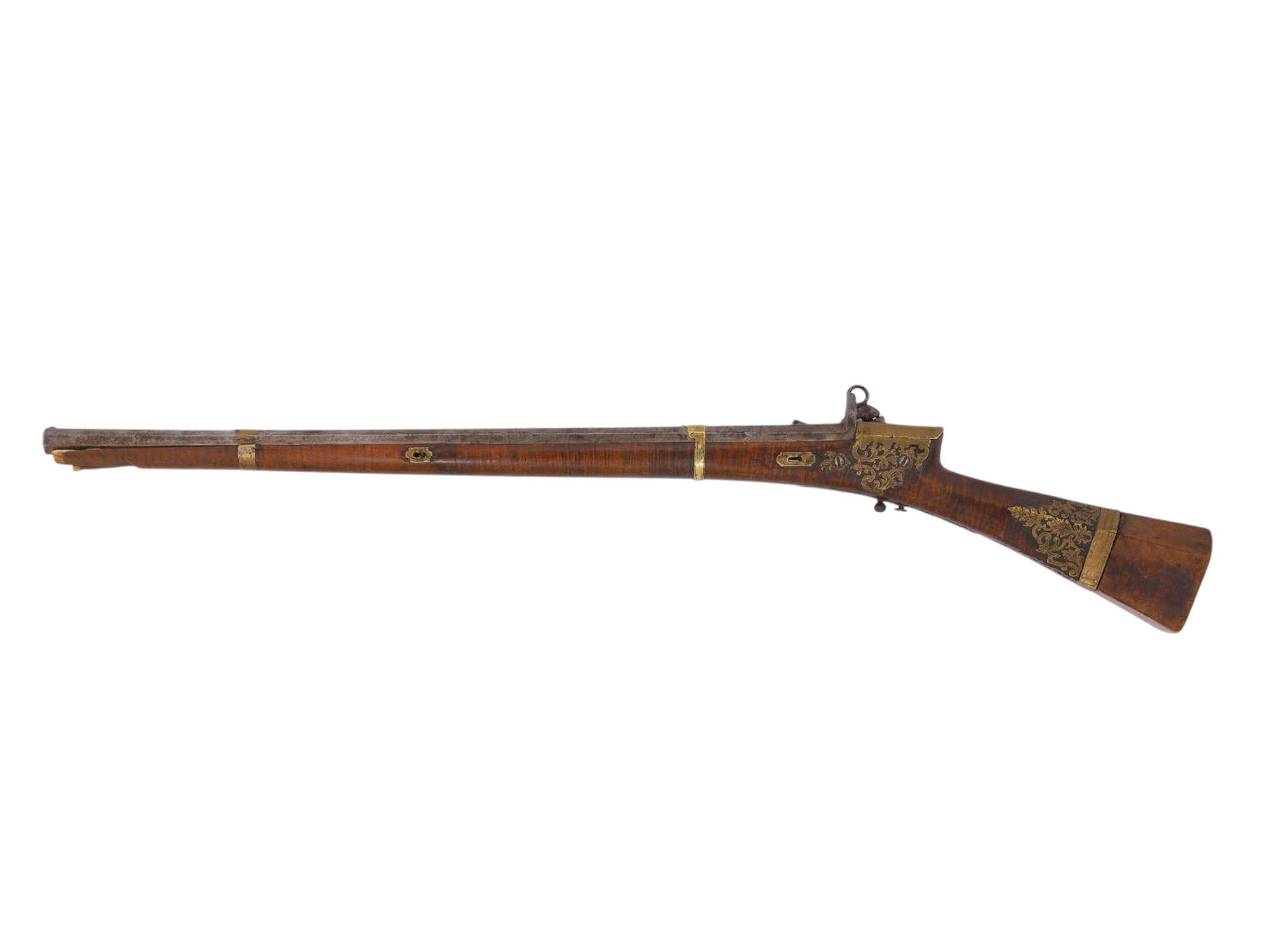 AN OTTOMAN TURKISH TUFEK RIFLE WITH INTRICATE BRASS OVERLAY, 19TH CENTURY