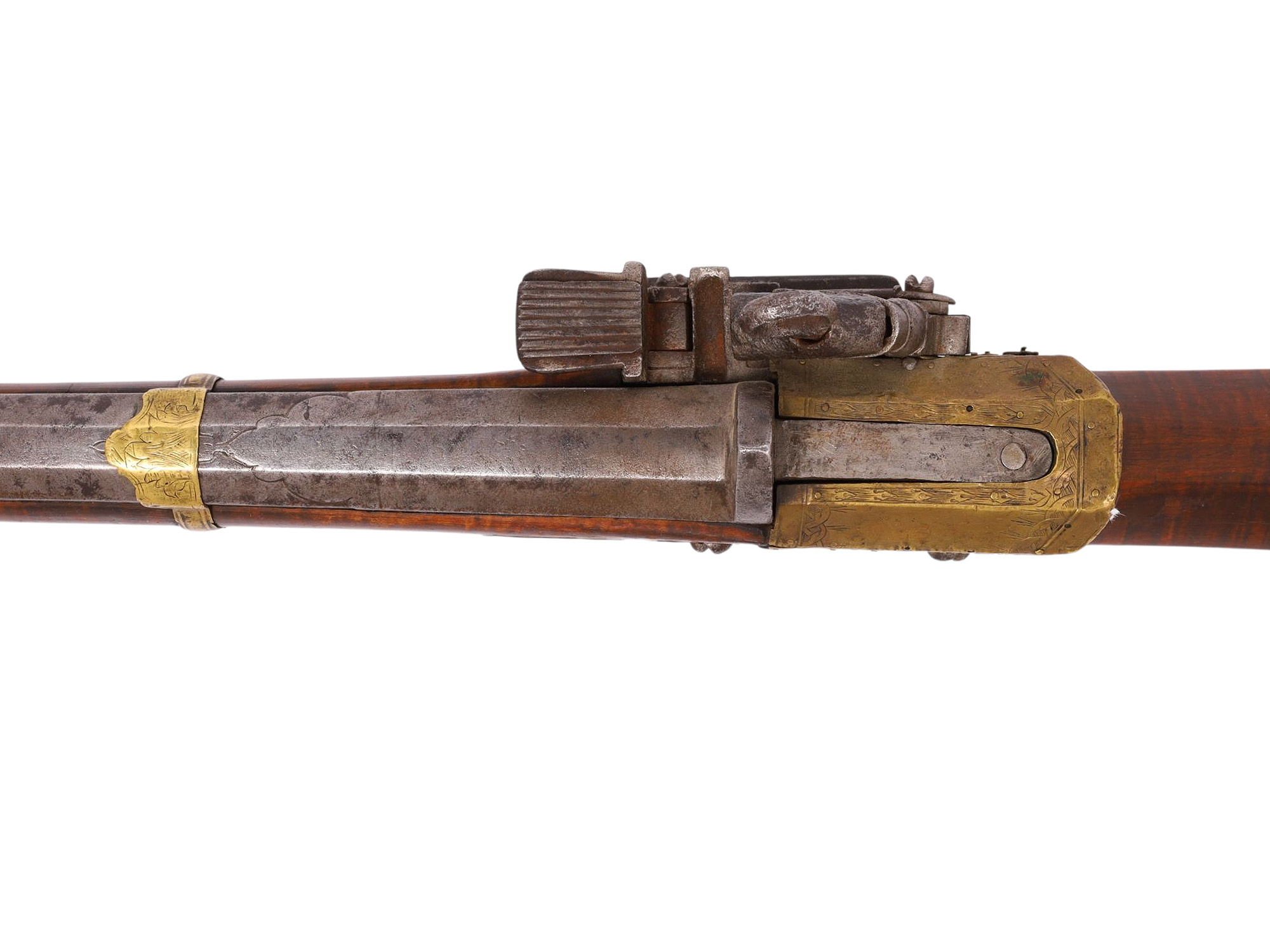AN OTTOMAN TURKISH TUFEK RIFLE WITH INTRICATE BRASS OVERLAY, 19TH CENTURY