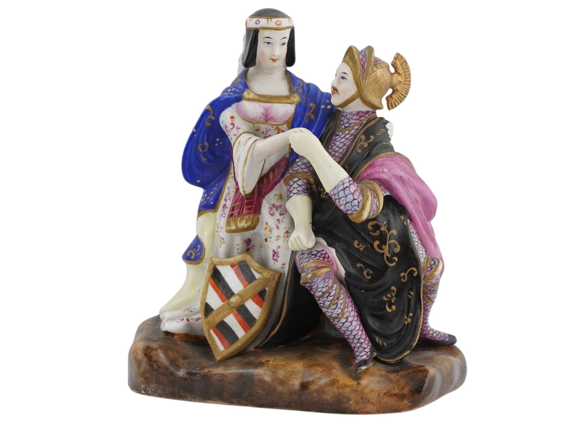 A RUSSIAN GARDNER PORCELAIN FIGURAL GROUP OF A KNIGHT AND LADY