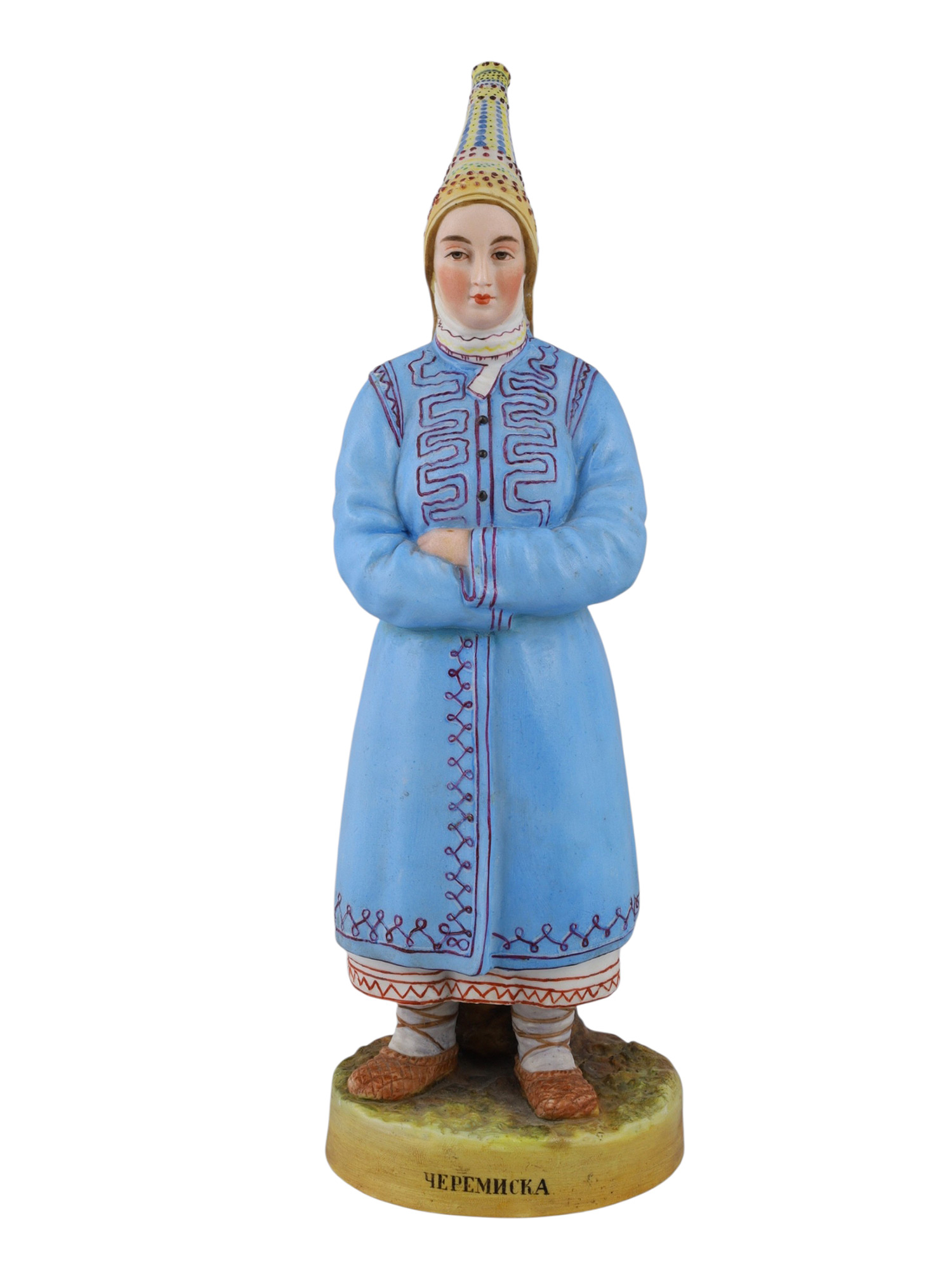 A RUSSIAN GARDNER PORCELAIN FIGURE OF A CHEREMIS (MARI) WOMAN, 19TH CEN.