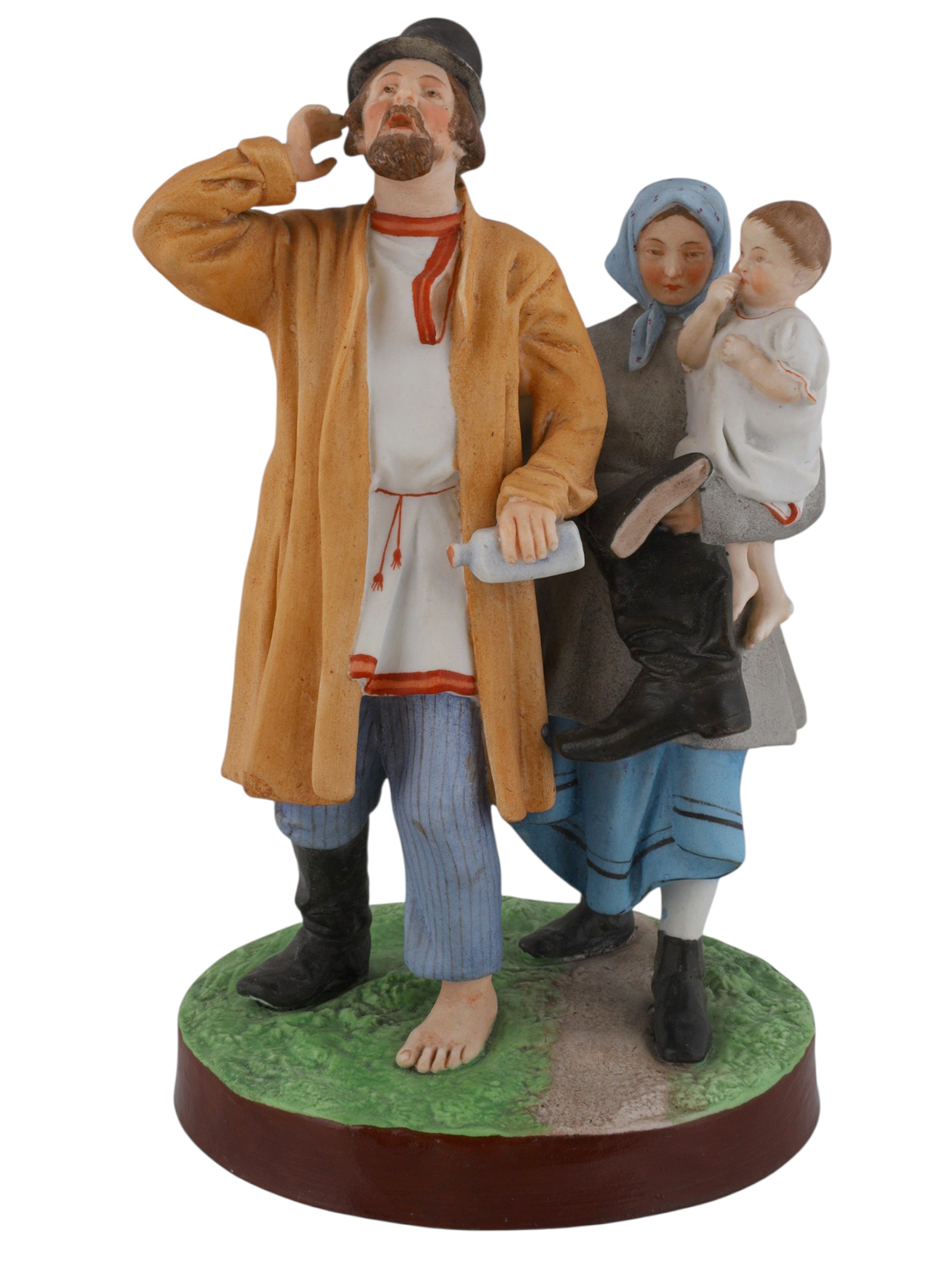 A RUSSIAN GARDENER PORCELAIN FIGURAL GROUP, DRUNK MAN WITH FAMILY, 19TH CENTURY