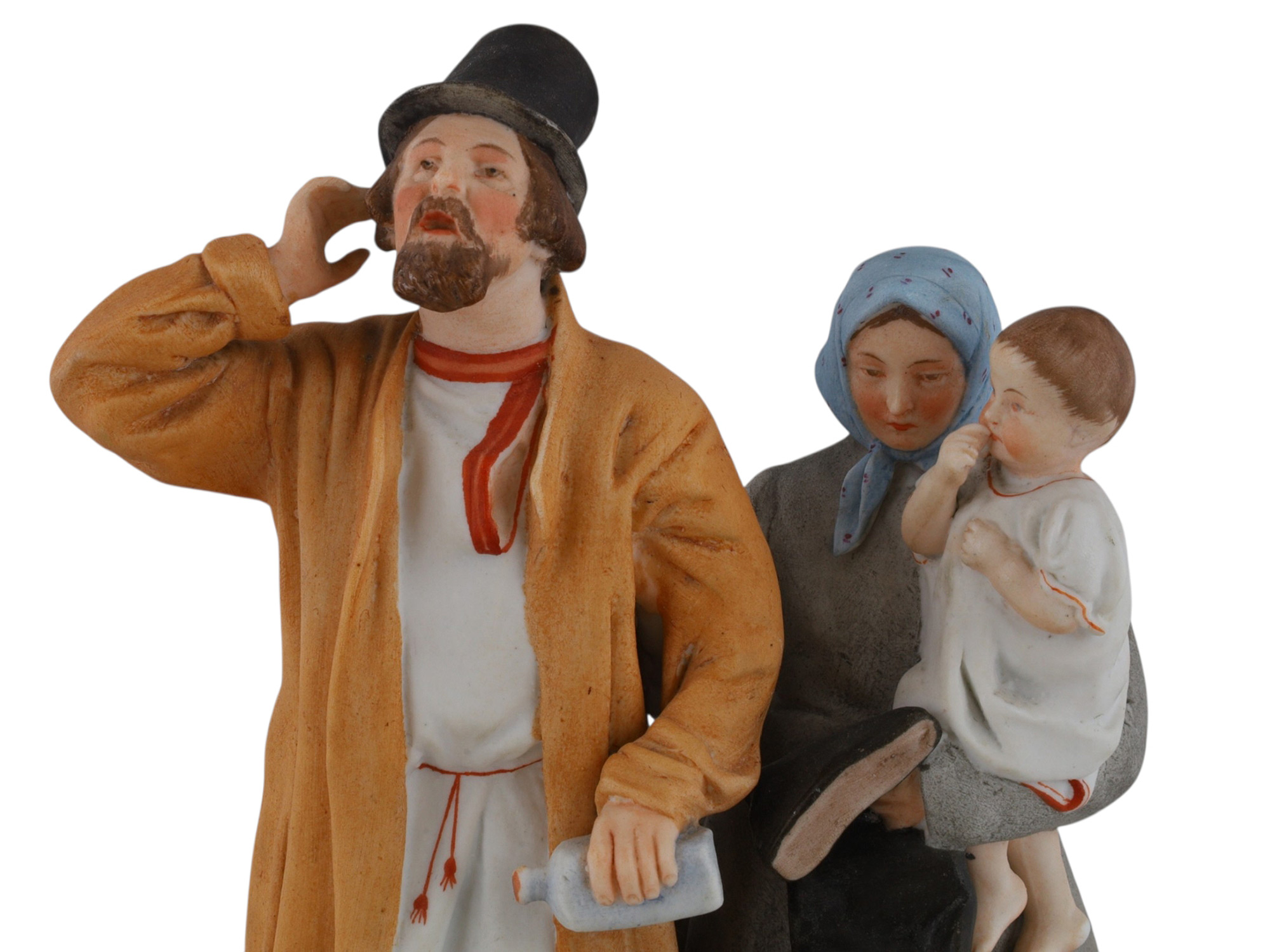 A RUSSIAN GARDENER PORCELAIN FIGURAL GROUP, DRUNK MAN WITH FAMILY, 19TH CENTURY
