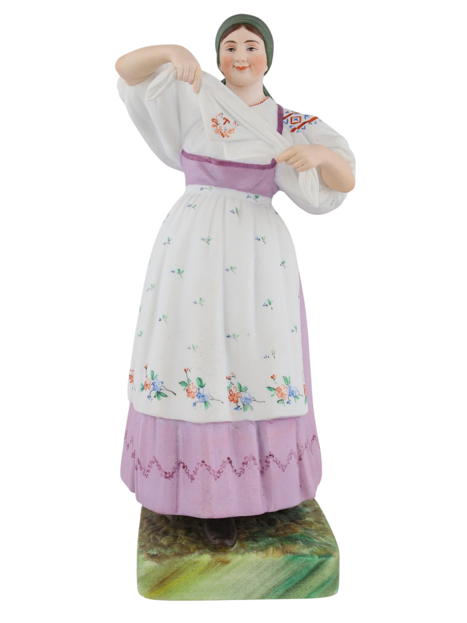 A RUSSIAN KUSNETSOV PORCELAIN FIGURE OF A WOMAN, 19TH CENTURY