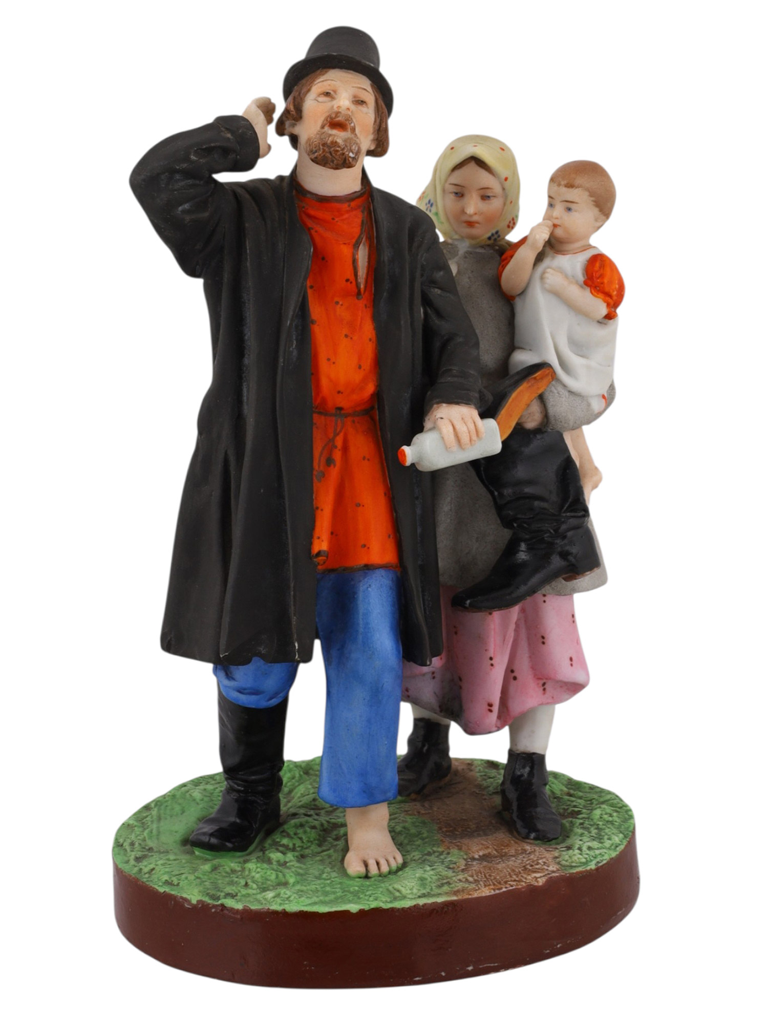 A RUSSIAN GARDNER PORCELAIN FIGURAL GROUP, DRUNK MAN WITH FAMILY, 19TH CEN.