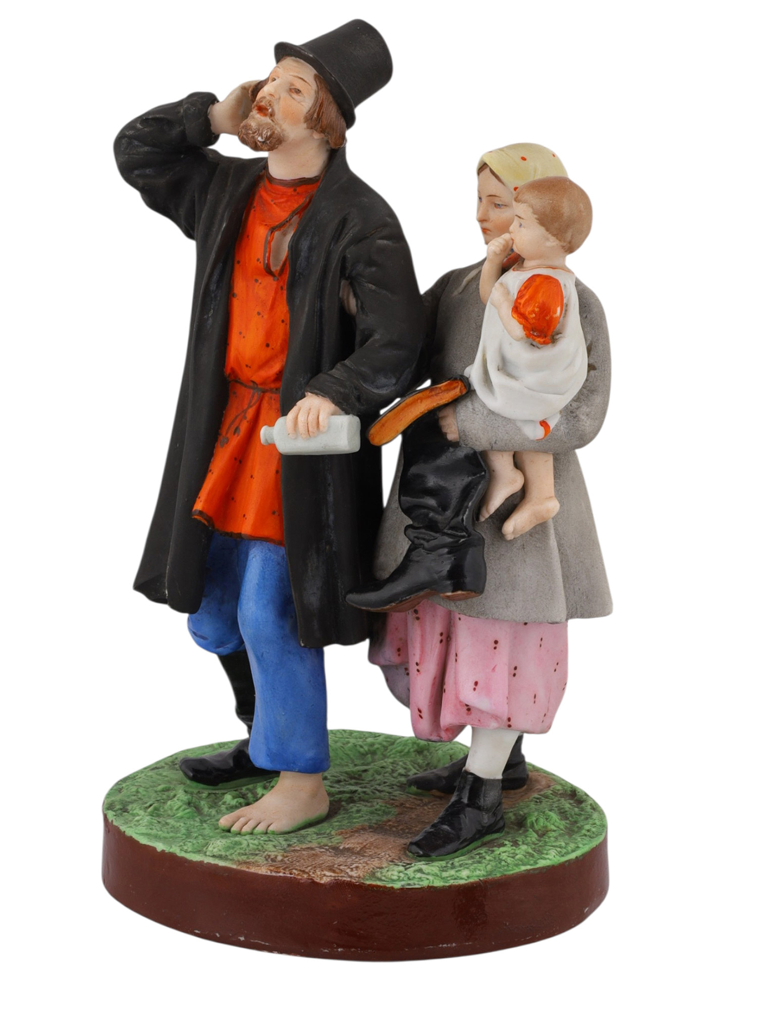 A RUSSIAN GARDNER PORCELAIN FIGURAL GROUP, DRUNK MAN WITH FAMILY, 19TH CEN.