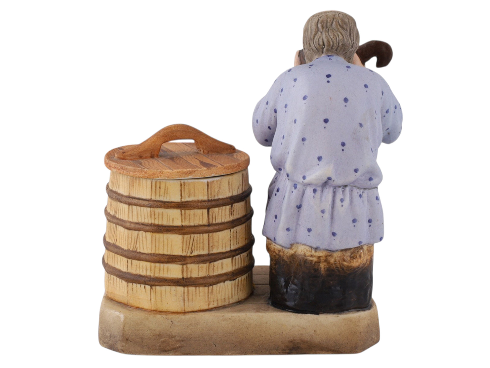 A SOVIET VERBILKI PORCELAIN FIGURAL COVERED SALT CELLAR, "THE PEASANT DRINKING FROM A KOVSH"