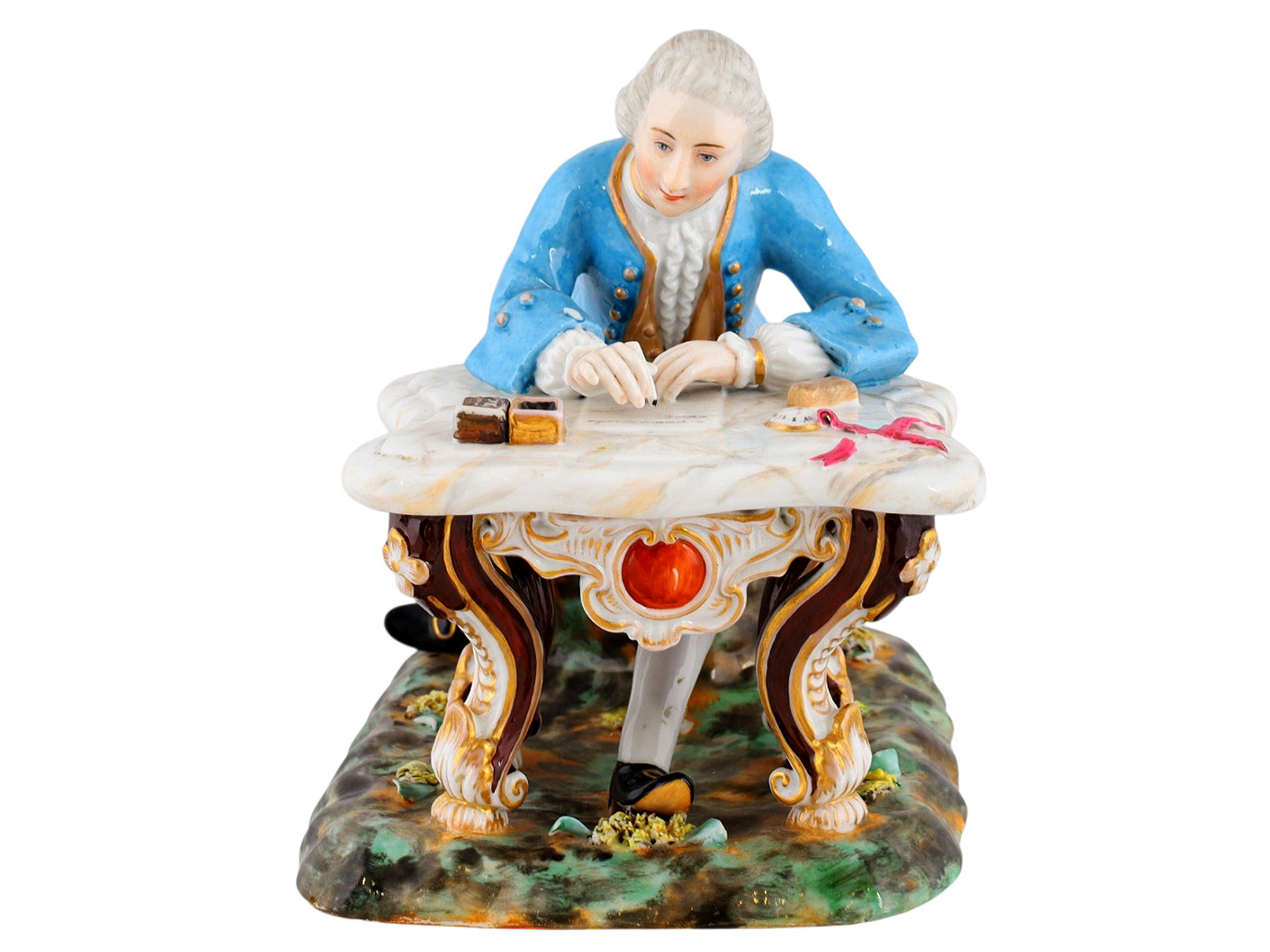 A RUSSIAN PORCELAIN FIGURE OF A WRITING NOBLE ATTRIBUTED TO MIKLASHEVSKIY FACTORY