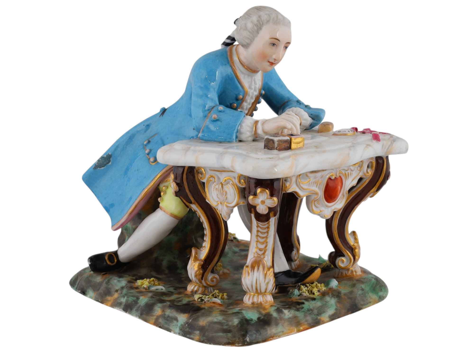 A RUSSIAN PORCELAIN FIGURE OF A WRITING NOBLE ATTRIBUTED TO MIKLASHEVSKIY FACTORY