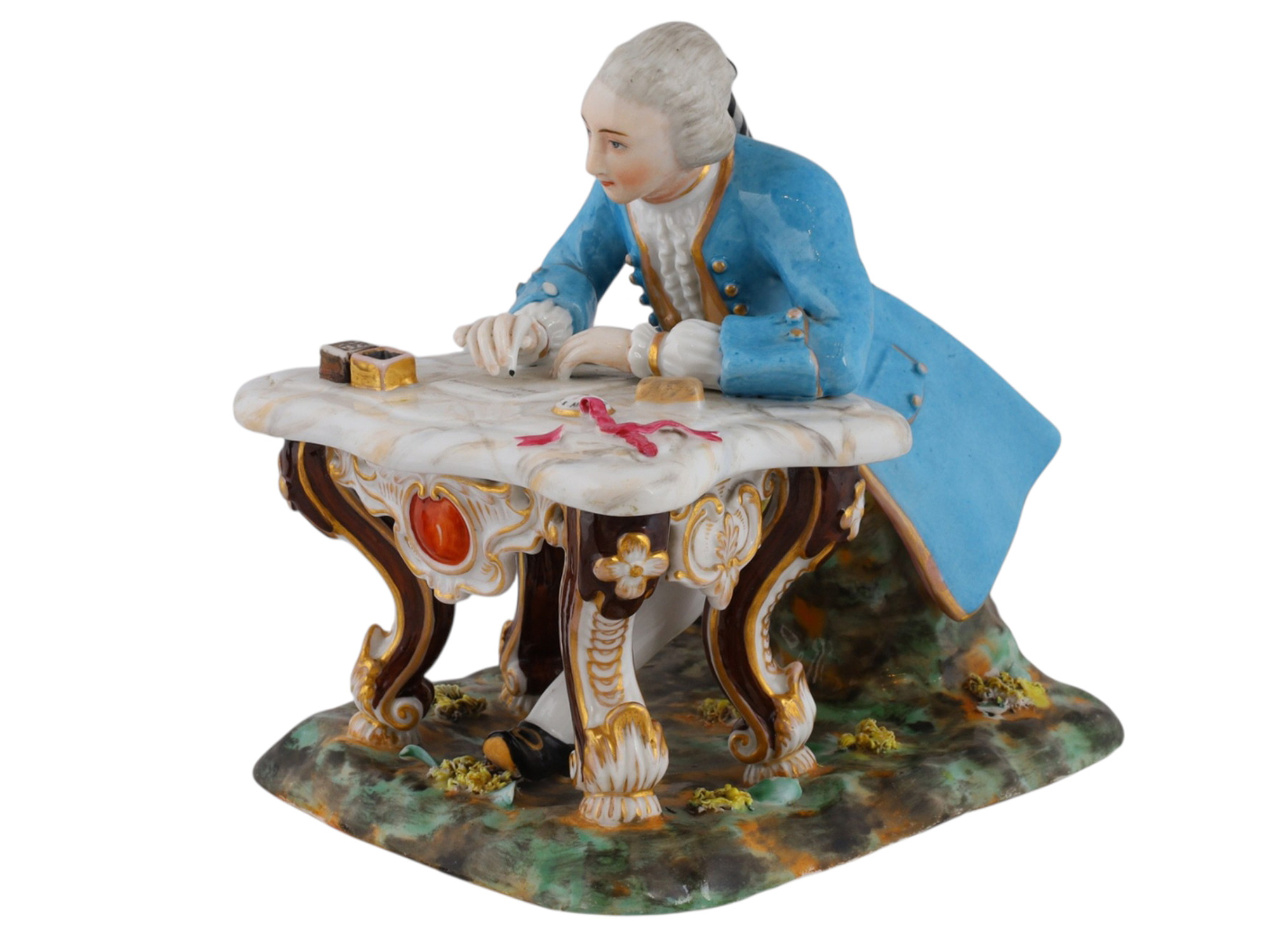 A RUSSIAN PORCELAIN FIGURE OF A WRITING NOBLE ATTRIBUTED TO MIKLASHEVSKIY FACTORY