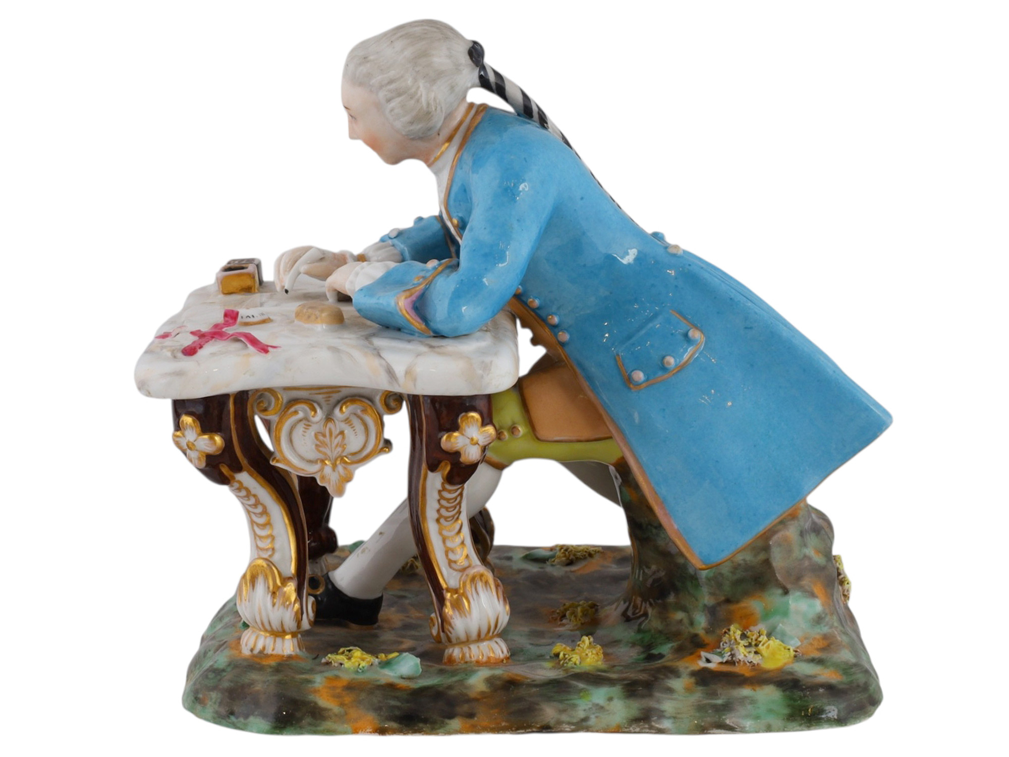 A RUSSIAN PORCELAIN FIGURE OF A WRITING NOBLE ATTRIBUTED TO MIKLASHEVSKIY FACTORY