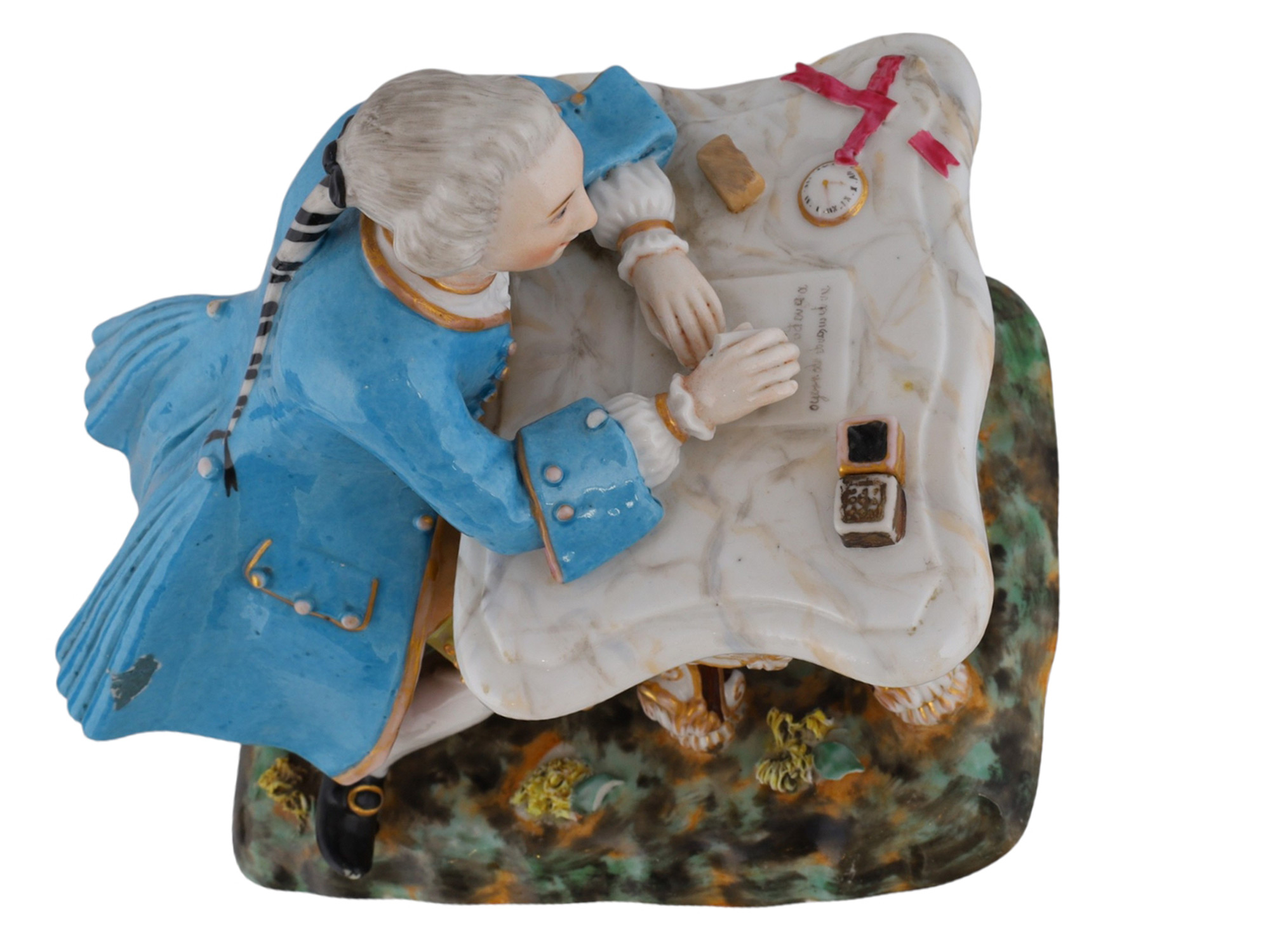 A RUSSIAN PORCELAIN FIGURE OF A WRITING NOBLE ATTRIBUTED TO MIKLASHEVSKIY FACTORY