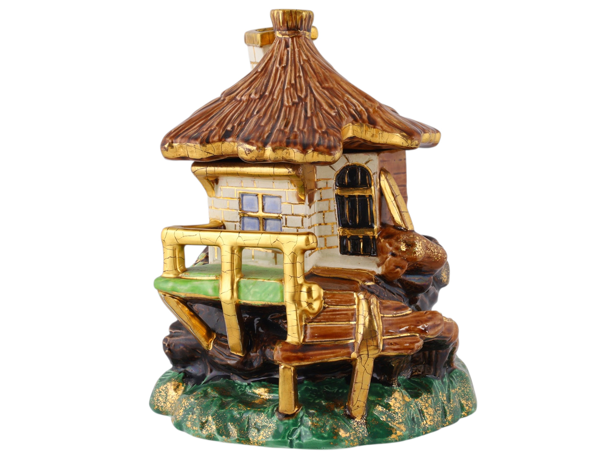 A RUSSIAN KUZNETSOV POLYCHROME AND GILT FAIENCE HOUSE-FORM COVERED TOBACCO BOX