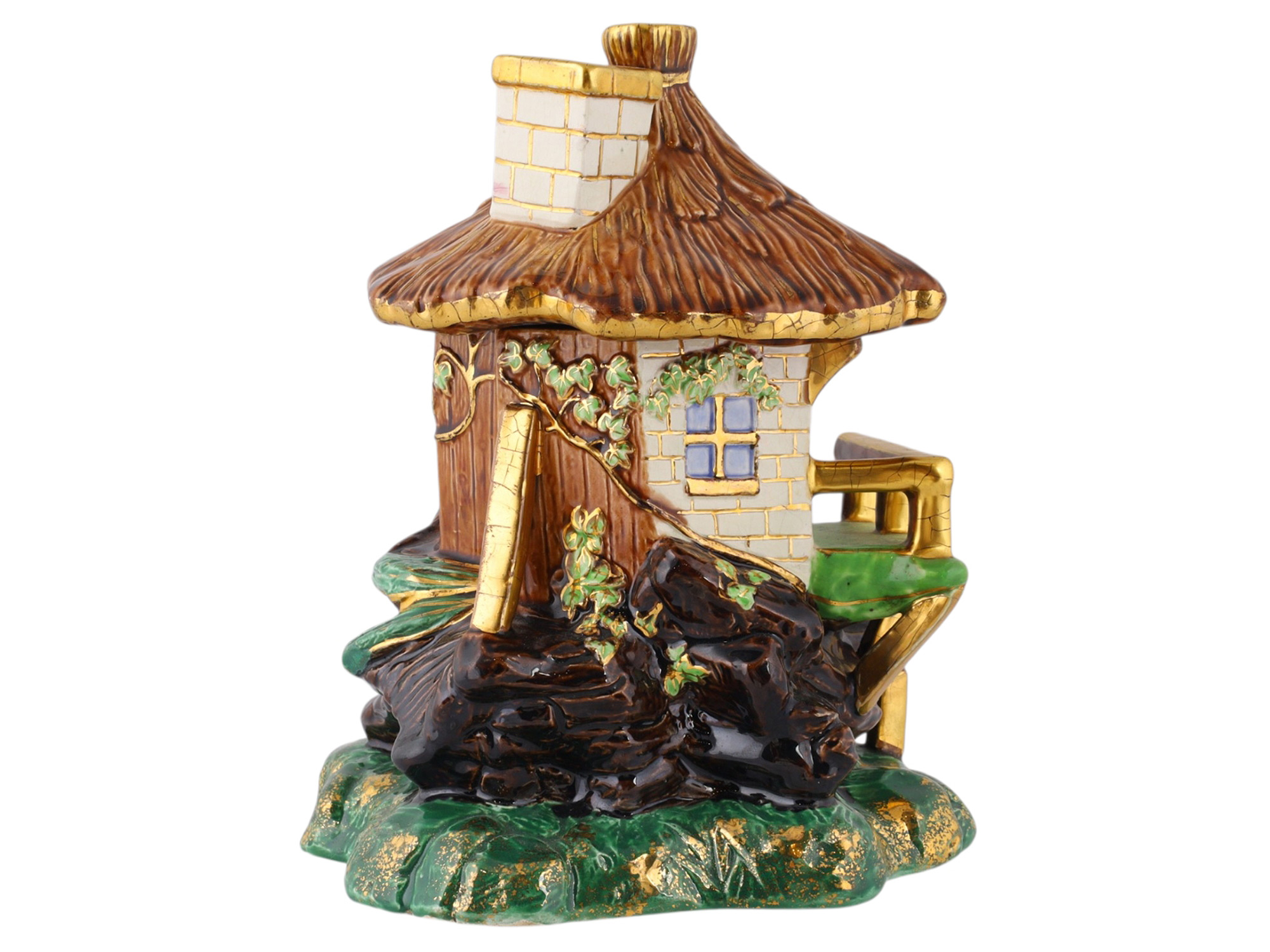 A RUSSIAN KUZNETSOV POLYCHROME AND GILT FAIENCE HOUSE-FORM COVERED TOBACCO BOX