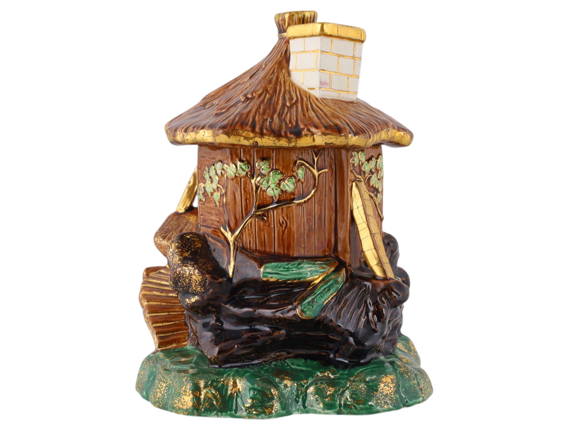 A RUSSIAN KUZNETSOV POLYCHROME AND GILT FAIENCE HOUSE-FORM COVERED TOBACCO BOX