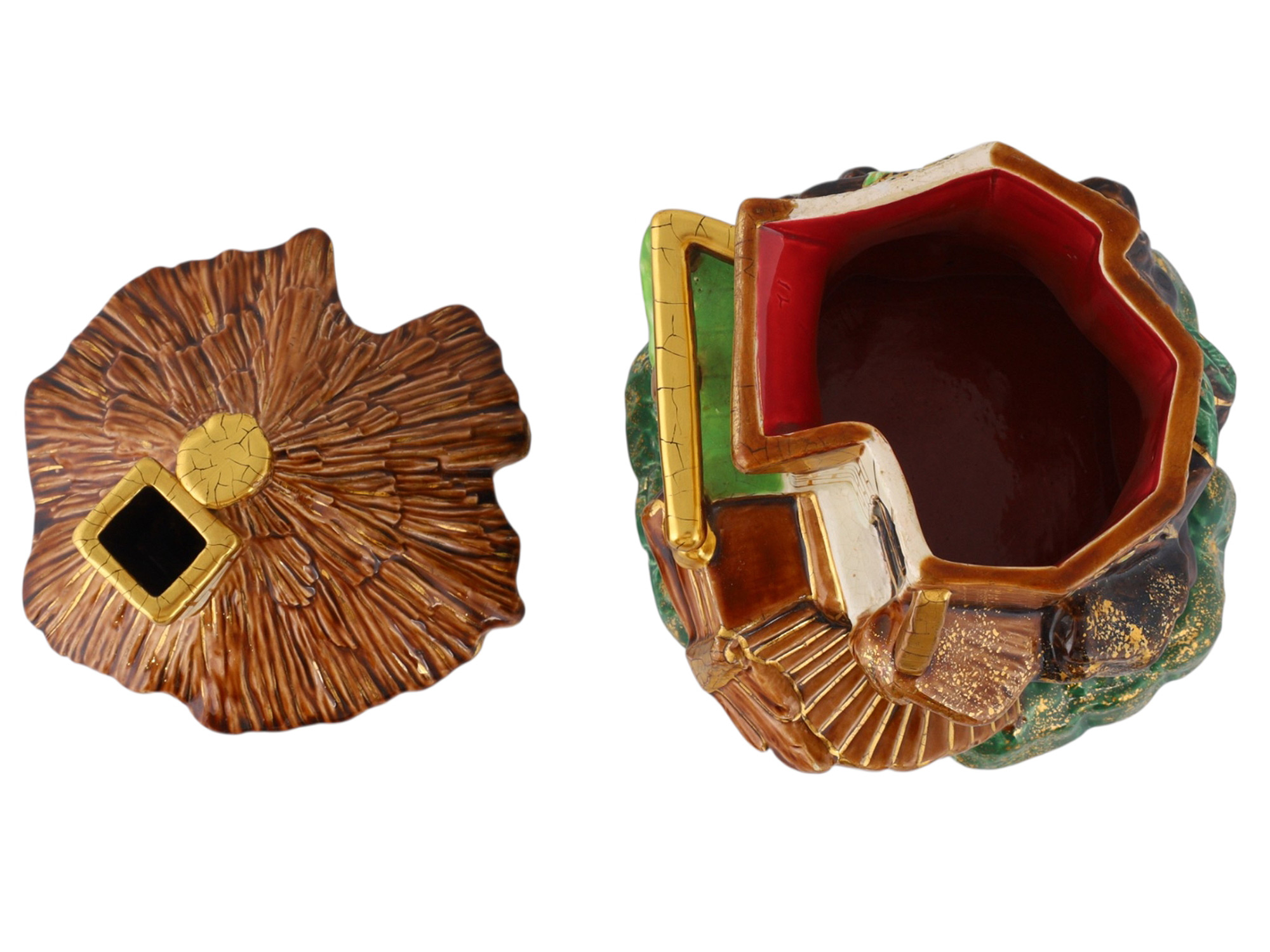 A RUSSIAN KUZNETSOV POLYCHROME AND GILT FAIENCE HOUSE-FORM COVERED TOBACCO BOX