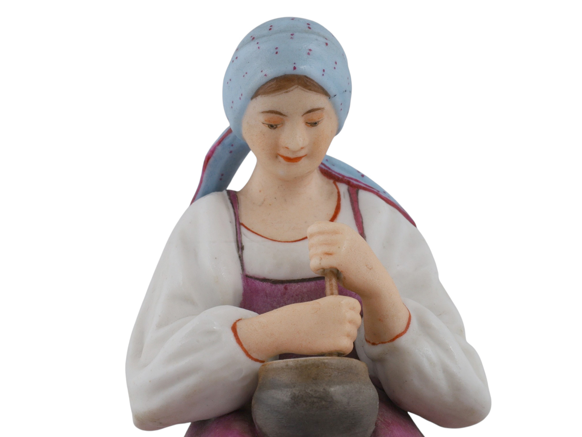 A RUSSIAN GARDNER PORCELAIN FIGURE OF A PEASANT WOMAN AT WORK, 19TH CEN.