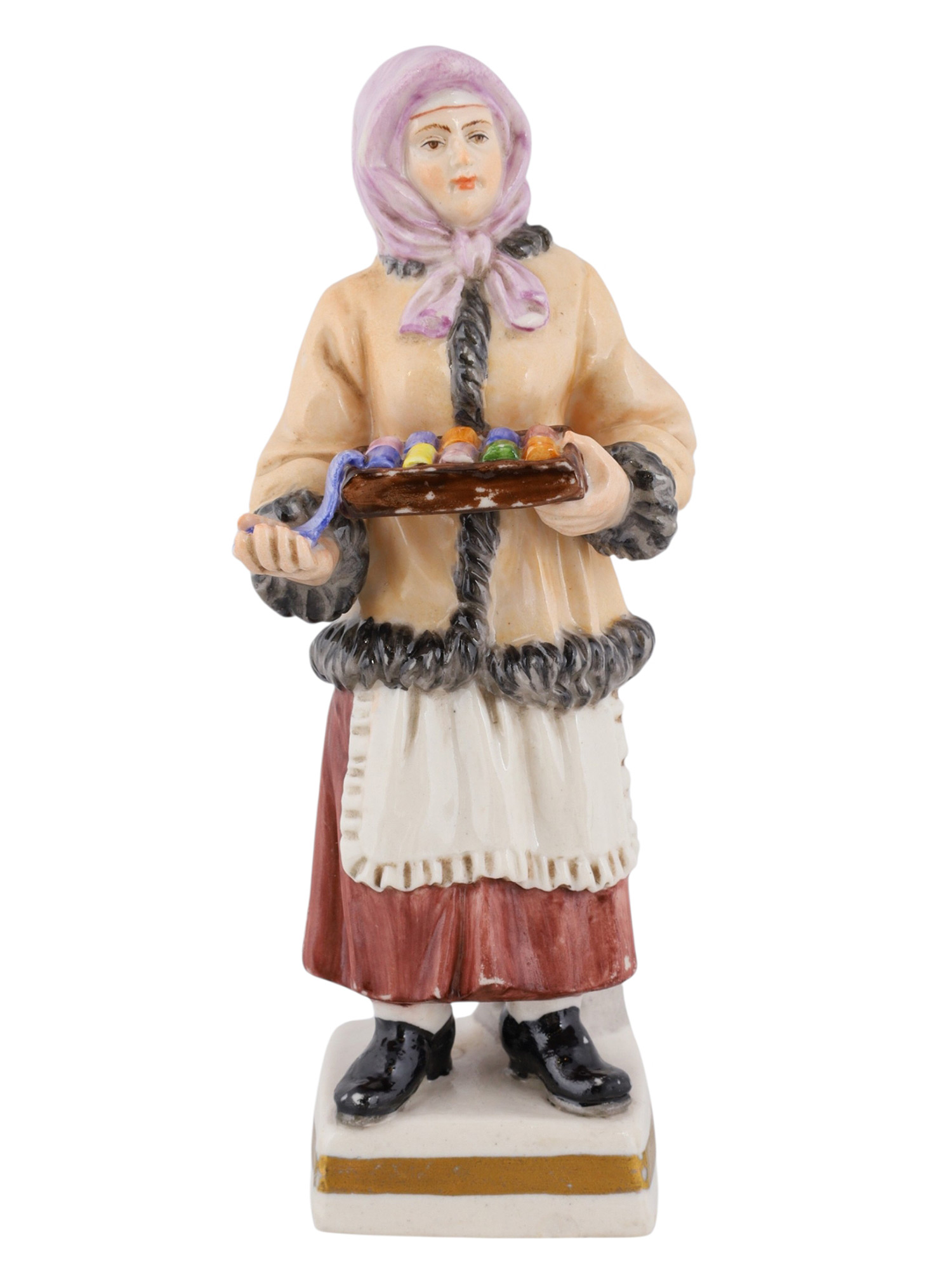 A RUSSIAN POPOV PORCELAIN FIGURE OF A WOMAN SELLING RIBBON, 19TH CEN.