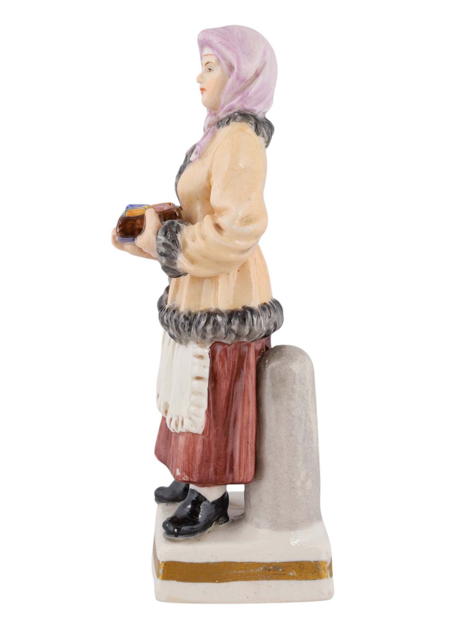 A RUSSIAN POPOV PORCELAIN FIGURE OF A WOMAN SELLING RIBBON, 19TH CEN.