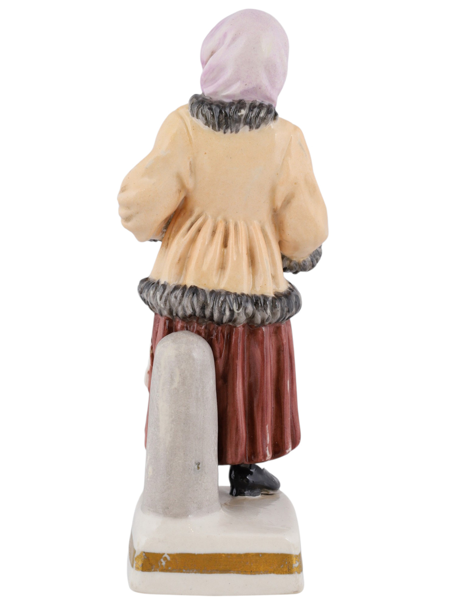 A RUSSIAN POPOV PORCELAIN FIGURE OF A WOMAN SELLING RIBBON, 19TH CEN.