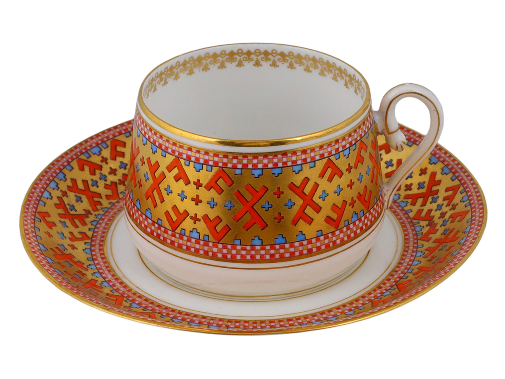 A RUSSIAN KORNILOV BROTHERS PORCELAIN CUP AND SAUCER BY THE KORNILOV BROTHERS FACTORY, ST. PETERSBURG, LATE 19TH CENTURY