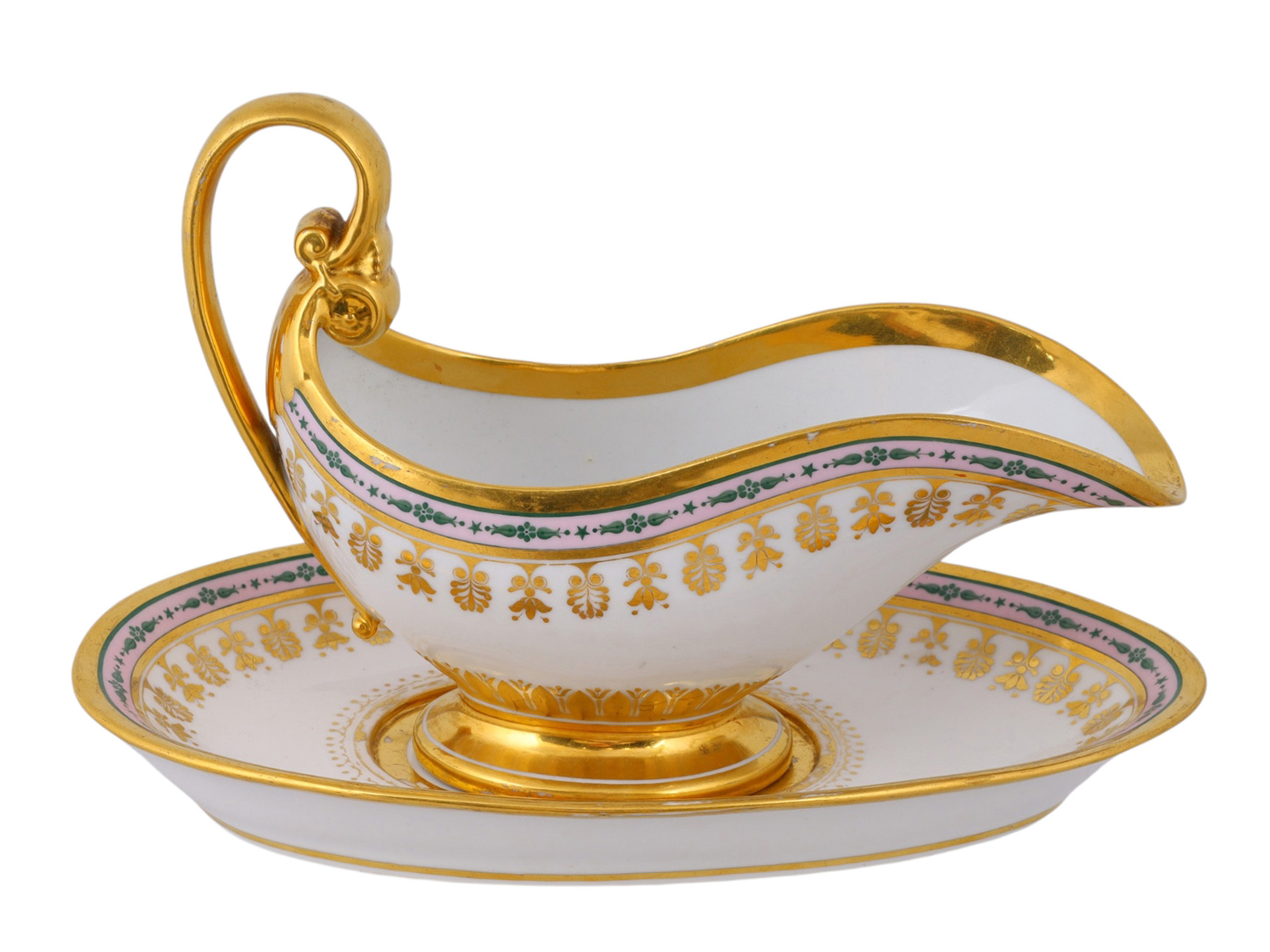 A RUSSIAN PORCELAIN SAUCEBOAT AND STAND FROM THE BABIGON SERVICE BY THE IMPERIAL PORCELAIN FACTORY, ST. PETERSBURG, CIRCA 1823–1840