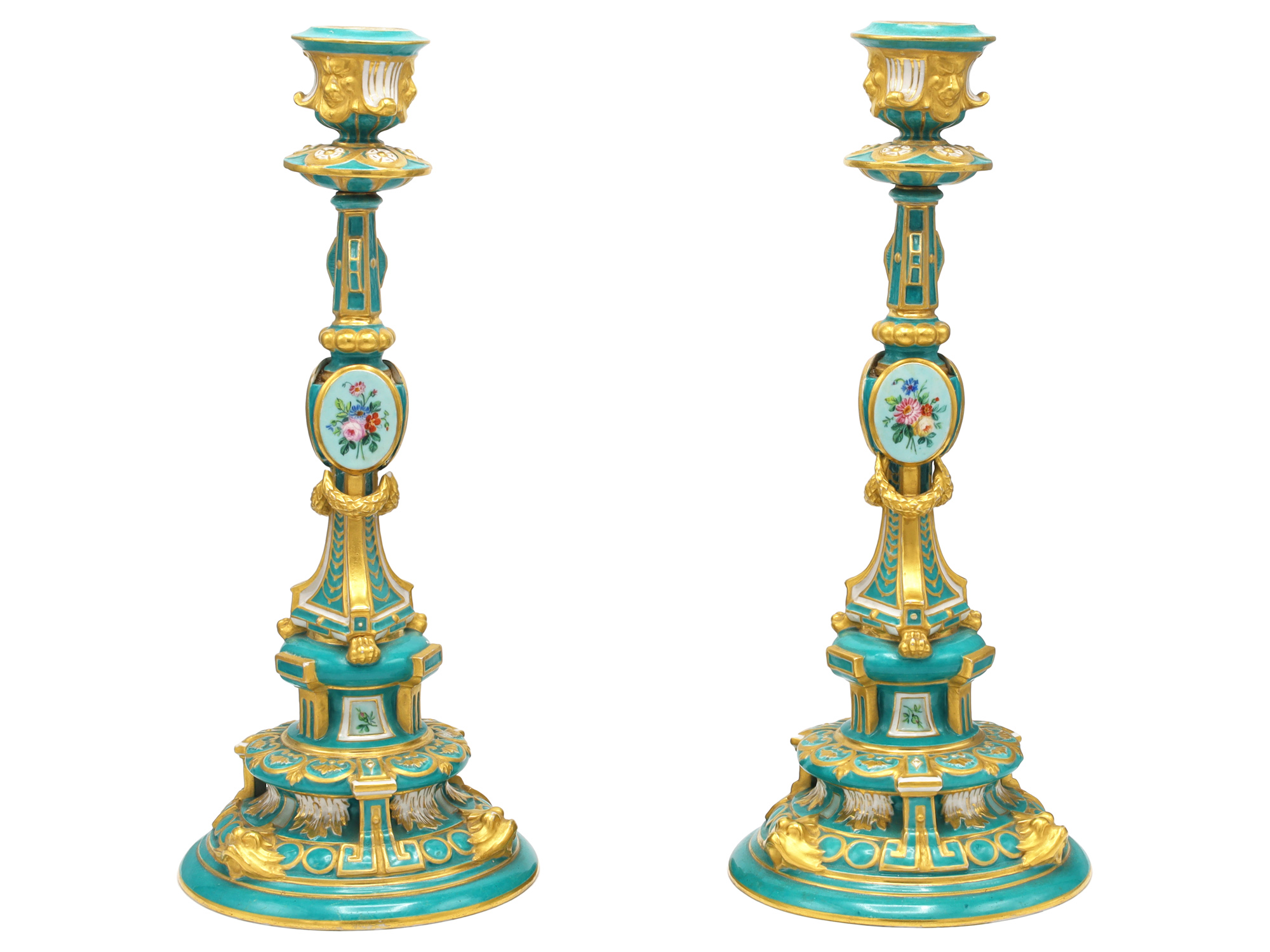A PAIR OF RUSSIAN PORCELAIN CANDLESTICKS, IMPERIAL PORCELAIN FACTORY, ST. PETERSBURG, PERIOD OF ALEXANDER II (1855–1881)