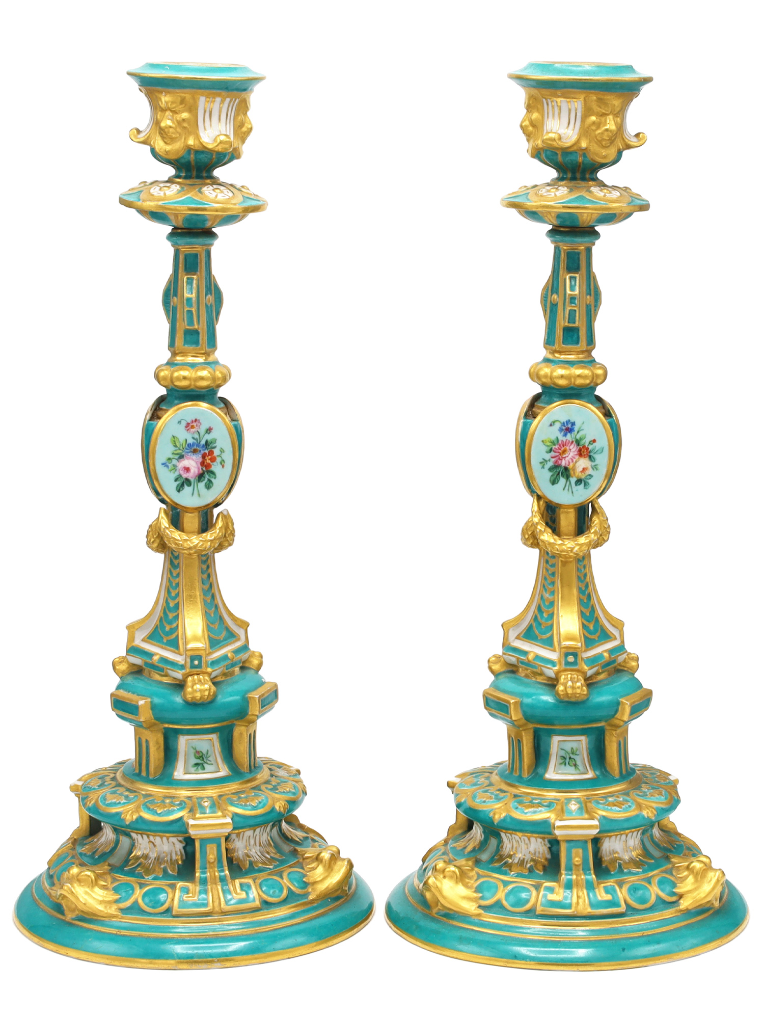 A PAIR OF RUSSIAN PORCELAIN CANDLESTICKS, IMPERIAL PORCELAIN FACTORY, ST. PETERSBURG, PERIOD OF ALEXANDER II (1855–1881)