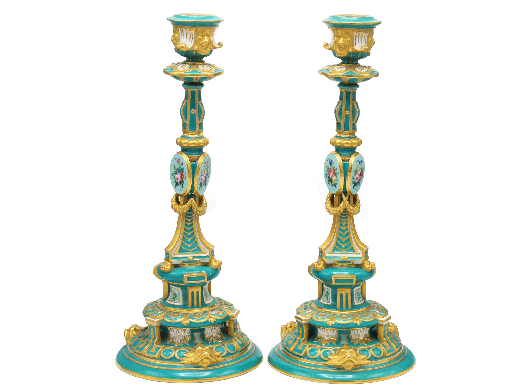 A PAIR OF RUSSIAN PORCELAIN CANDLESTICKS, IMPERIAL PORCELAIN FACTORY, ST. PETERSBURG, PERIOD OF ALEXANDER II (1855–1881)