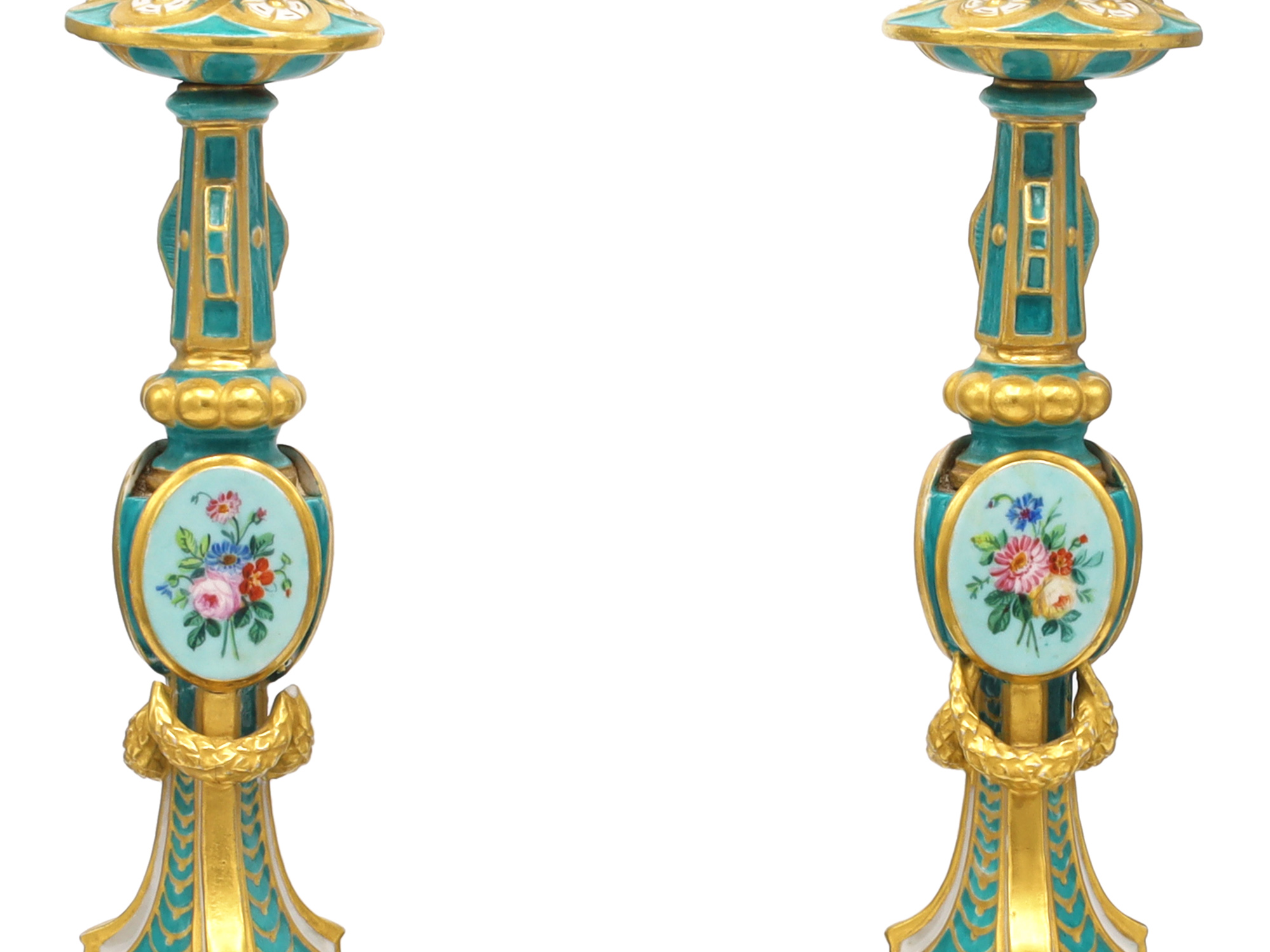 A PAIR OF RUSSIAN PORCELAIN CANDLESTICKS, IMPERIAL PORCELAIN FACTORY, ST. PETERSBURG, PERIOD OF ALEXANDER II (1855–1881)