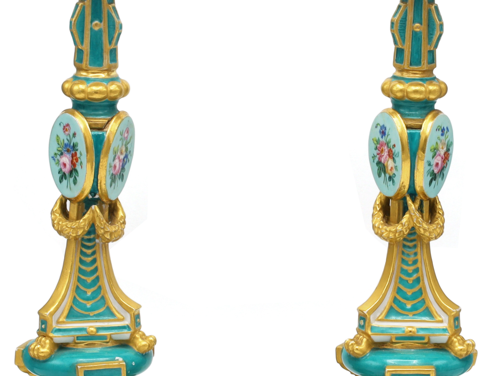 A PAIR OF RUSSIAN PORCELAIN CANDLESTICKS, IMPERIAL PORCELAIN FACTORY, ST. PETERSBURG, PERIOD OF ALEXANDER II (1855–1881)