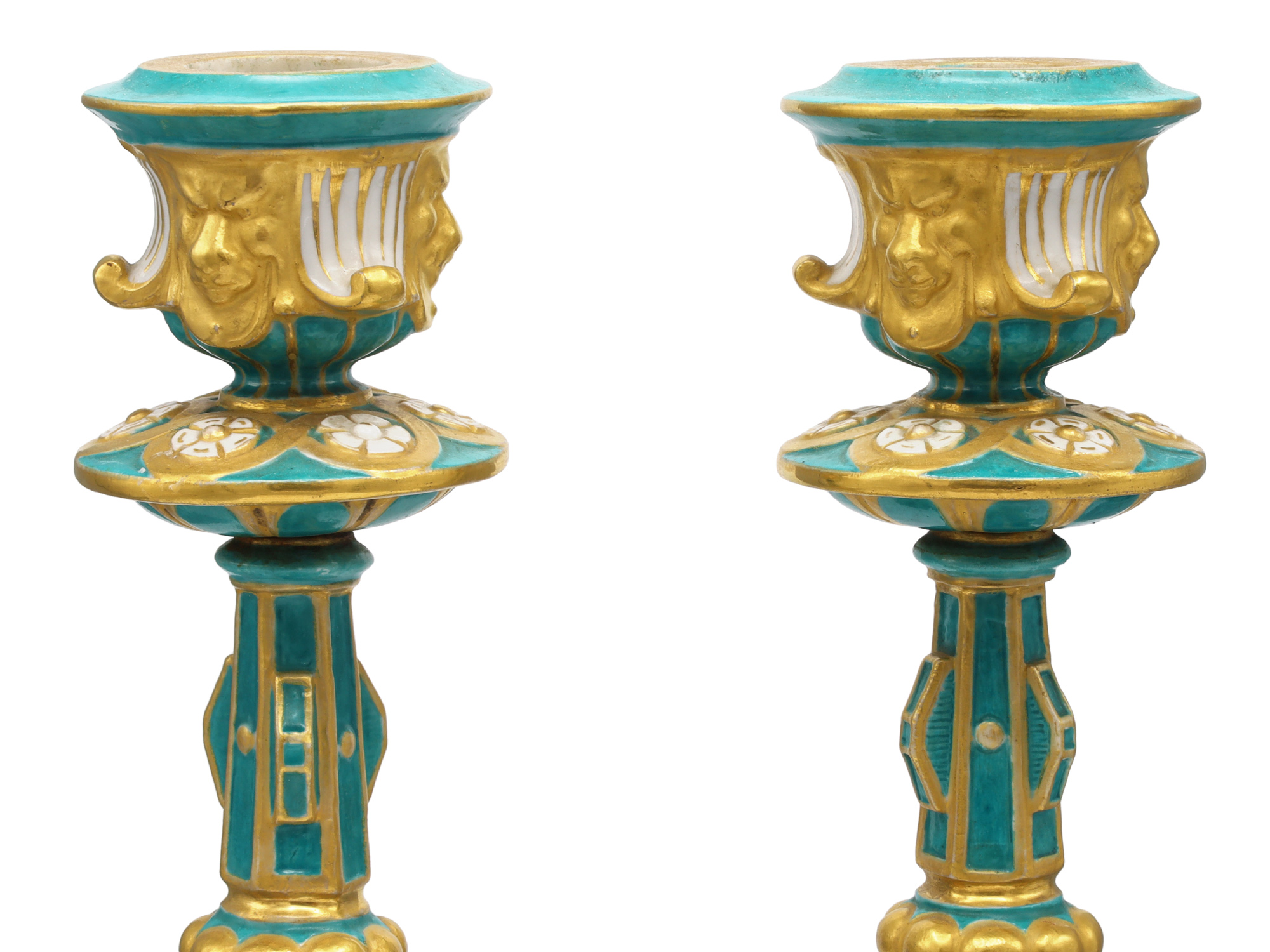 A PAIR OF RUSSIAN PORCELAIN CANDLESTICKS, IMPERIAL PORCELAIN FACTORY, ST. PETERSBURG, PERIOD OF ALEXANDER II (1855–1881)