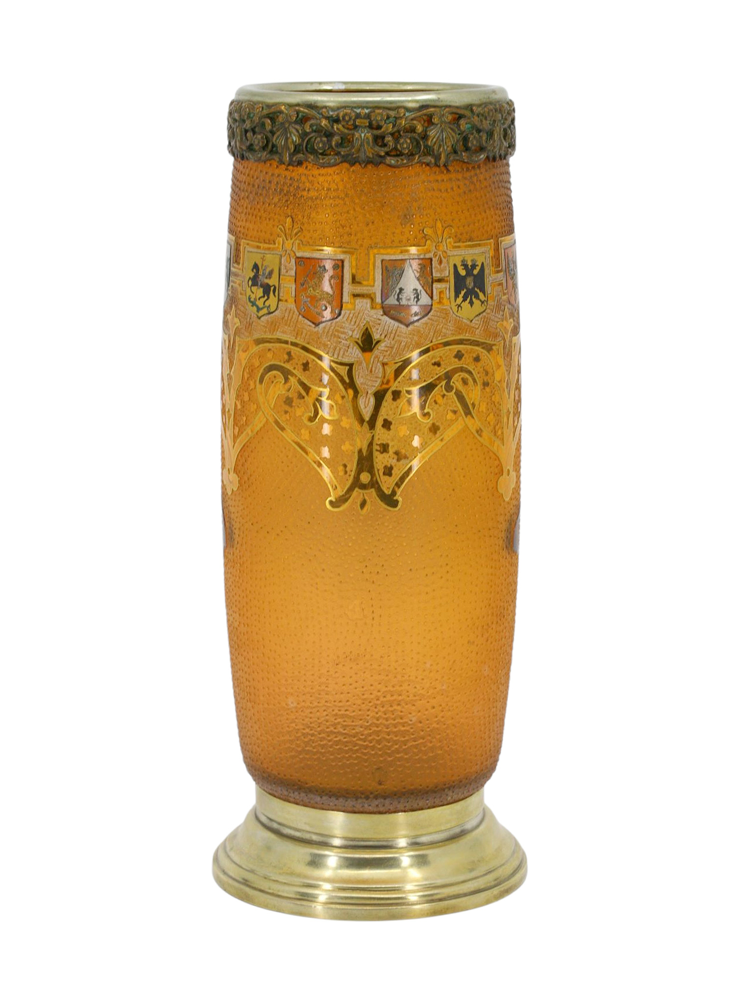 A RUSSIAN AMBER GLASS VASE WITH GILT AND ENAMEL IMPERIAL REGALIA BY DAUM NANCY