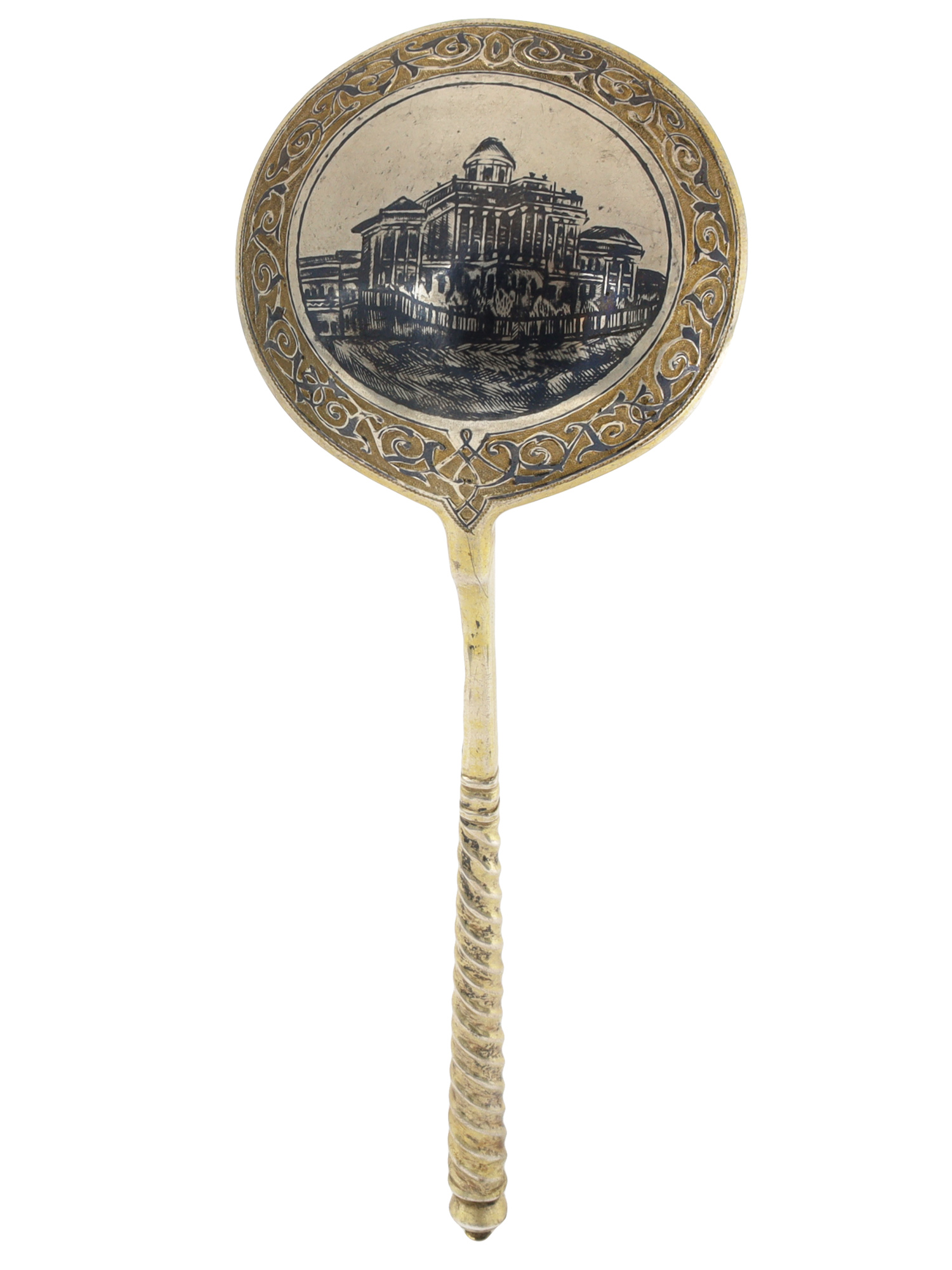 A RUSSIAN SILVER SPOON WITH NIELLO ENAMEL ARCHITECTURAL SCENE, 1875