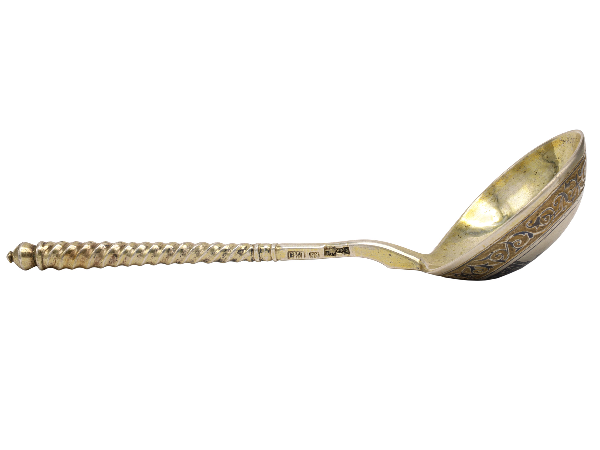 A RUSSIAN SILVER SPOON WITH NIELLO ENAMEL ARCHITECTURAL SCENE, 1875
