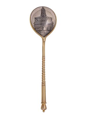 A RUSSIAN KHLEBNIKOV GILT-SILVER AND NIELLO SPOON, 1888. A Russian engraved silver and niello 