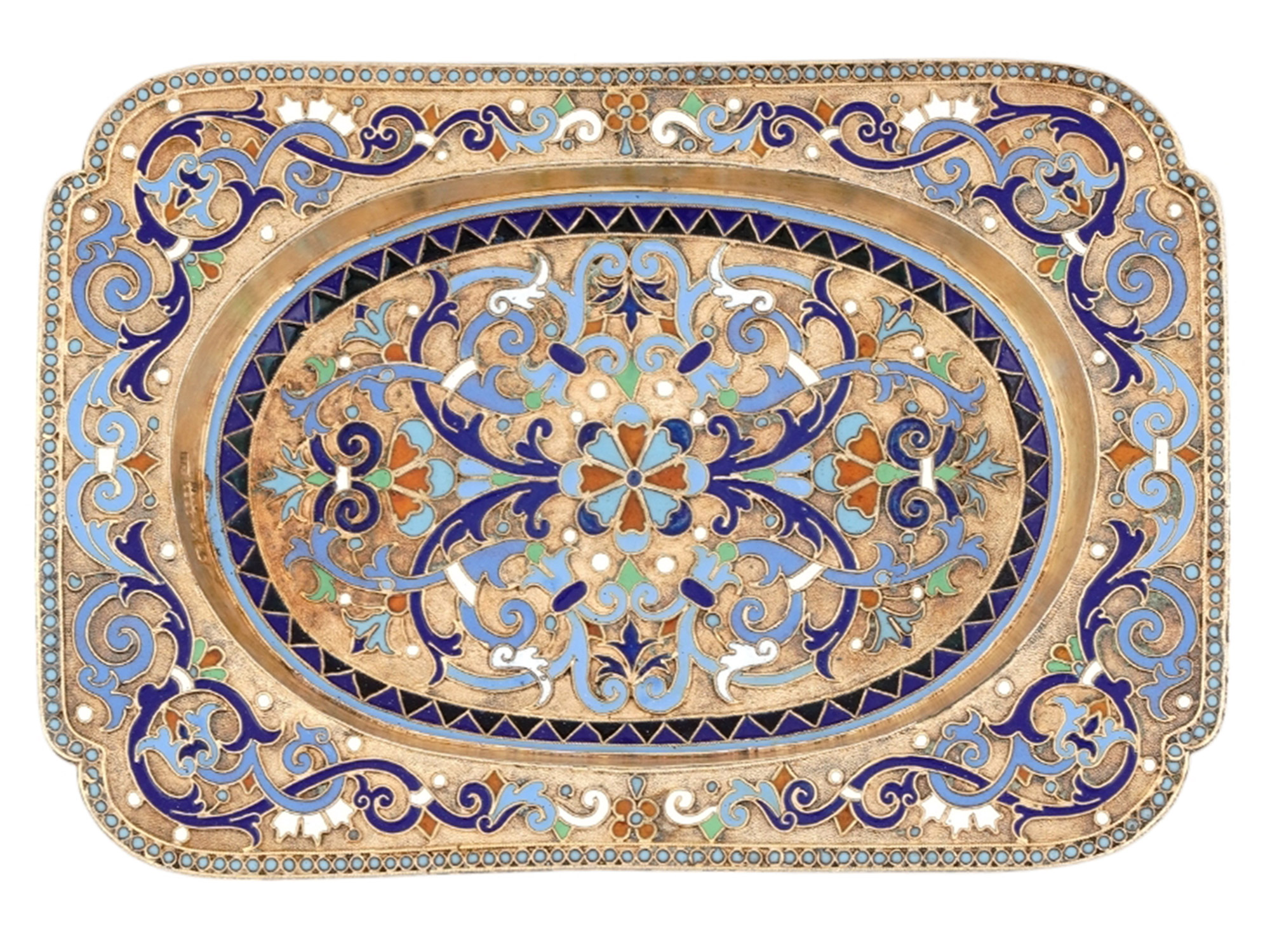 A RUSSIAN SILVER-GILT AND ENAMEL TRAY, MOSCOW, 1889
