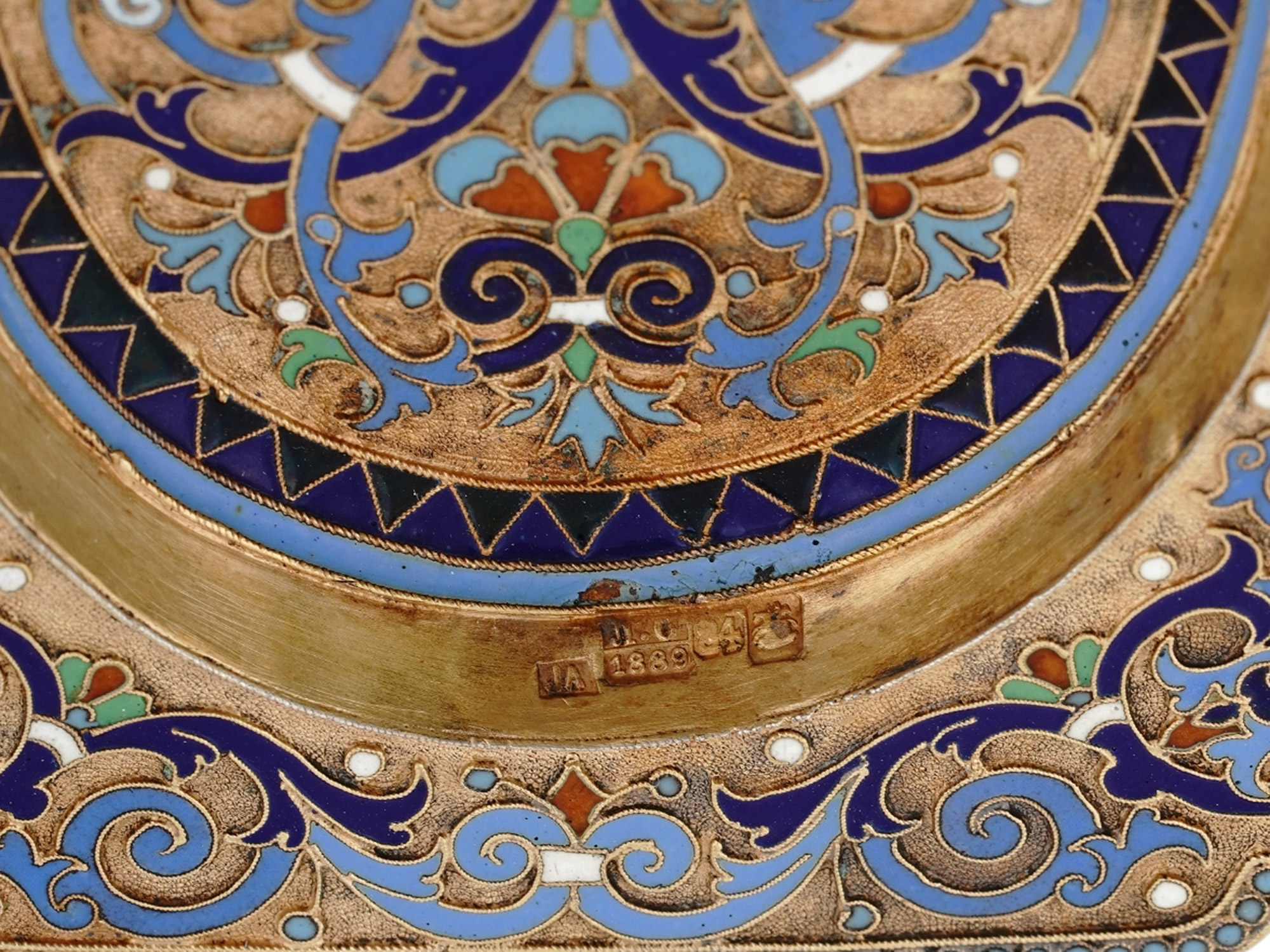 A RUSSIAN SILVER-GILT AND ENAMEL TRAY, MOSCOW, 1889