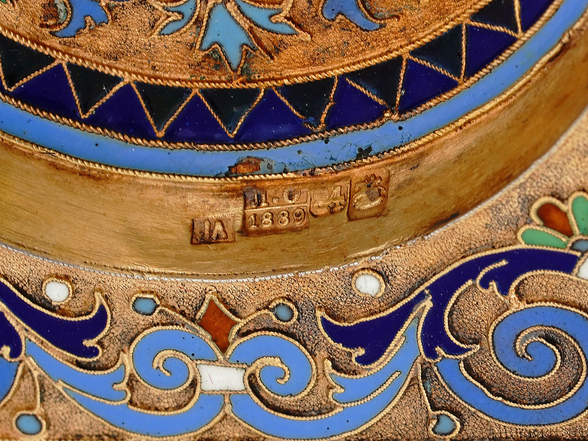A RUSSIAN SILVER-GILT AND ENAMEL TRAY, MOSCOW, 1889