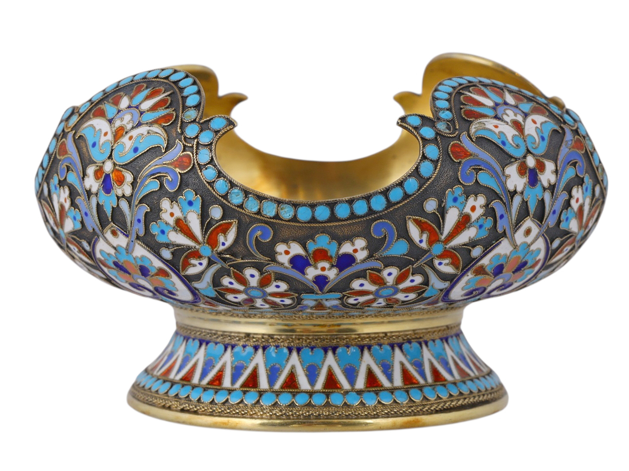 A RUSSIAN SILVER-GILT AND CLOISONNÉ ENAMEL FOOTED BOWL, MARK OF NIKOLAY ALEXEYEV, MOSCOW, CIRCA 1900