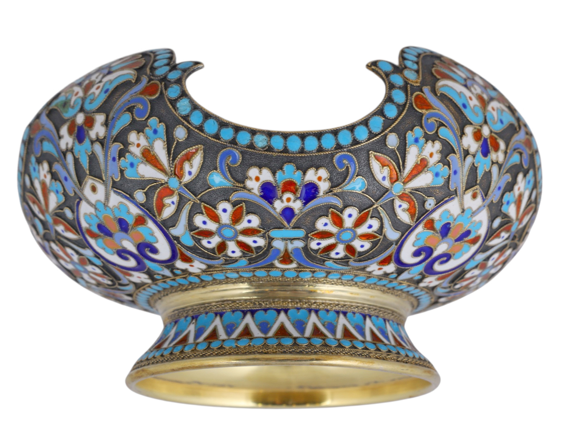 A RUSSIAN SILVER-GILT AND CLOISONNÉ ENAMEL FOOTED BOWL, MARK OF NIKOLAY ALEXEYEV, MOSCOW, CIRCA 1900