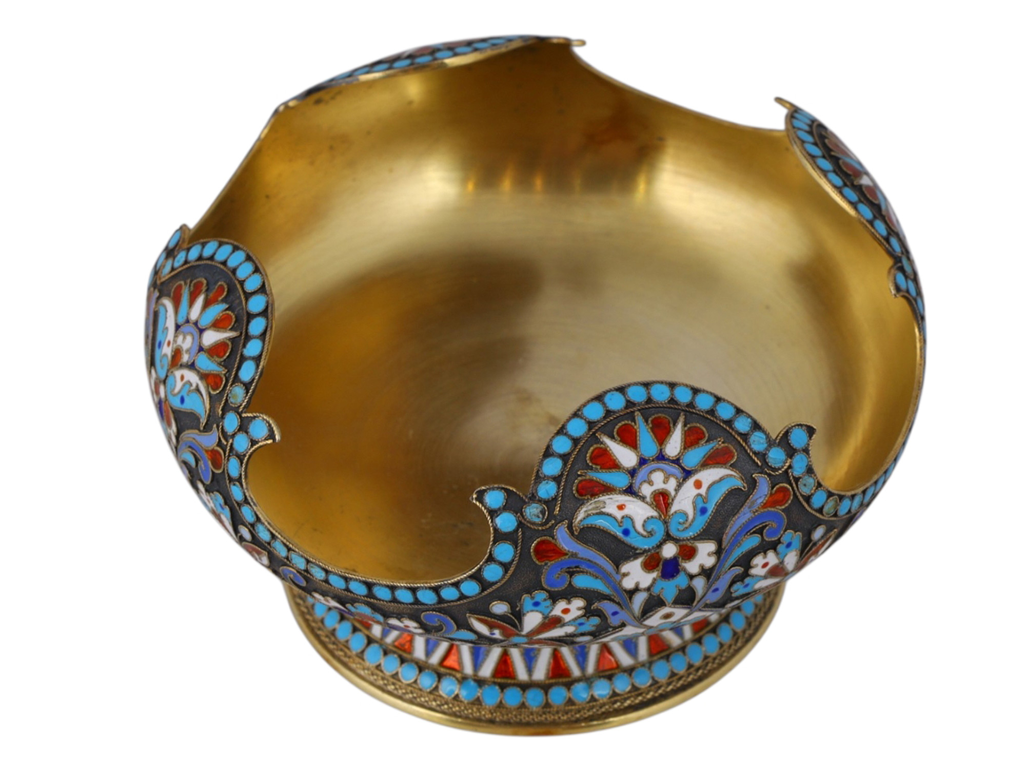 A RUSSIAN SILVER-GILT AND CLOISONNÉ ENAMEL FOOTED BOWL, MARK OF NIKOLAY ALEXEYEV, MOSCOW, CIRCA 1900
