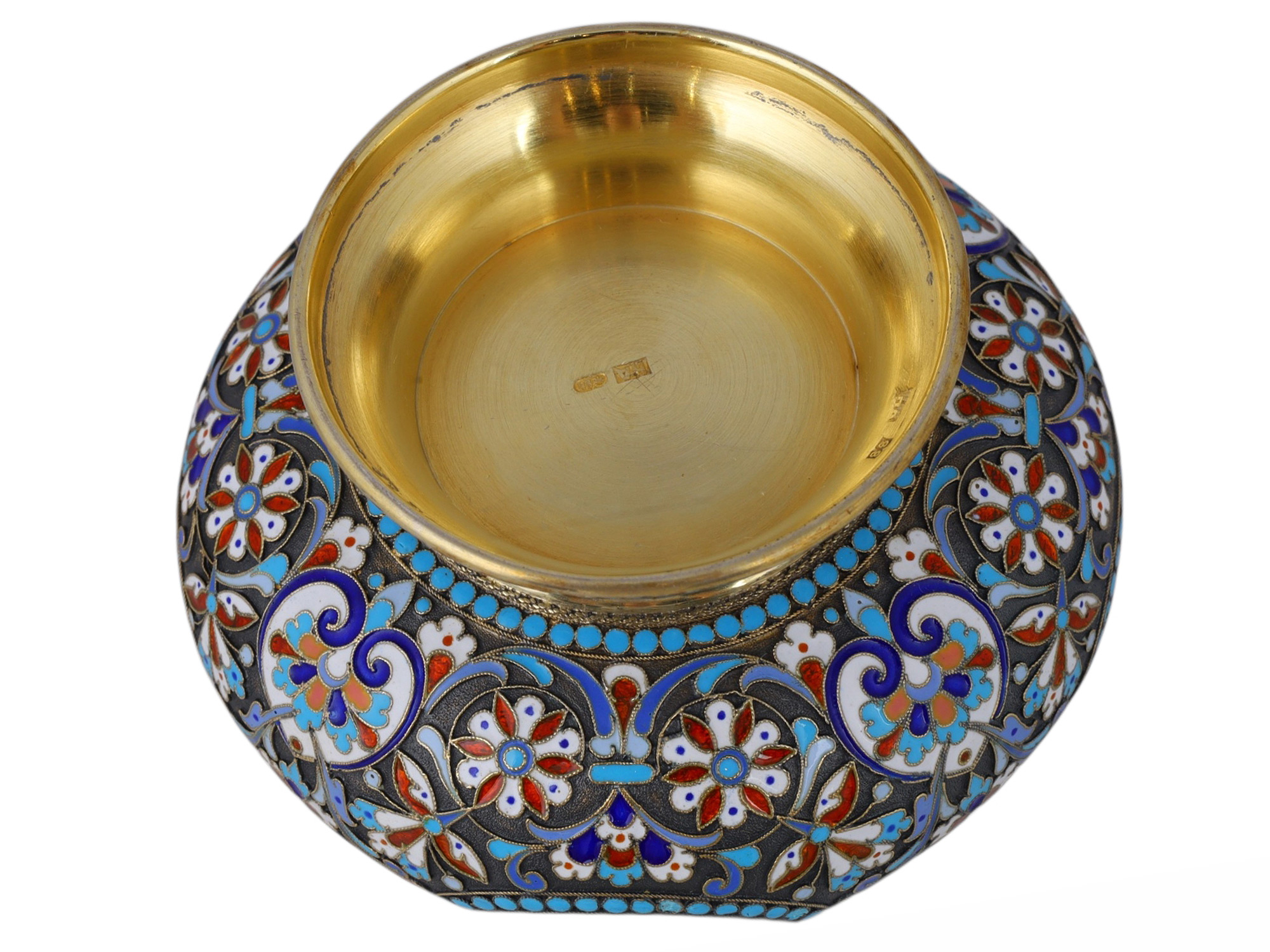 A RUSSIAN SILVER-GILT AND CLOISONNÉ ENAMEL FOOTED BOWL, MARK OF NIKOLAY ALEXEYEV, MOSCOW, CIRCA 1900
