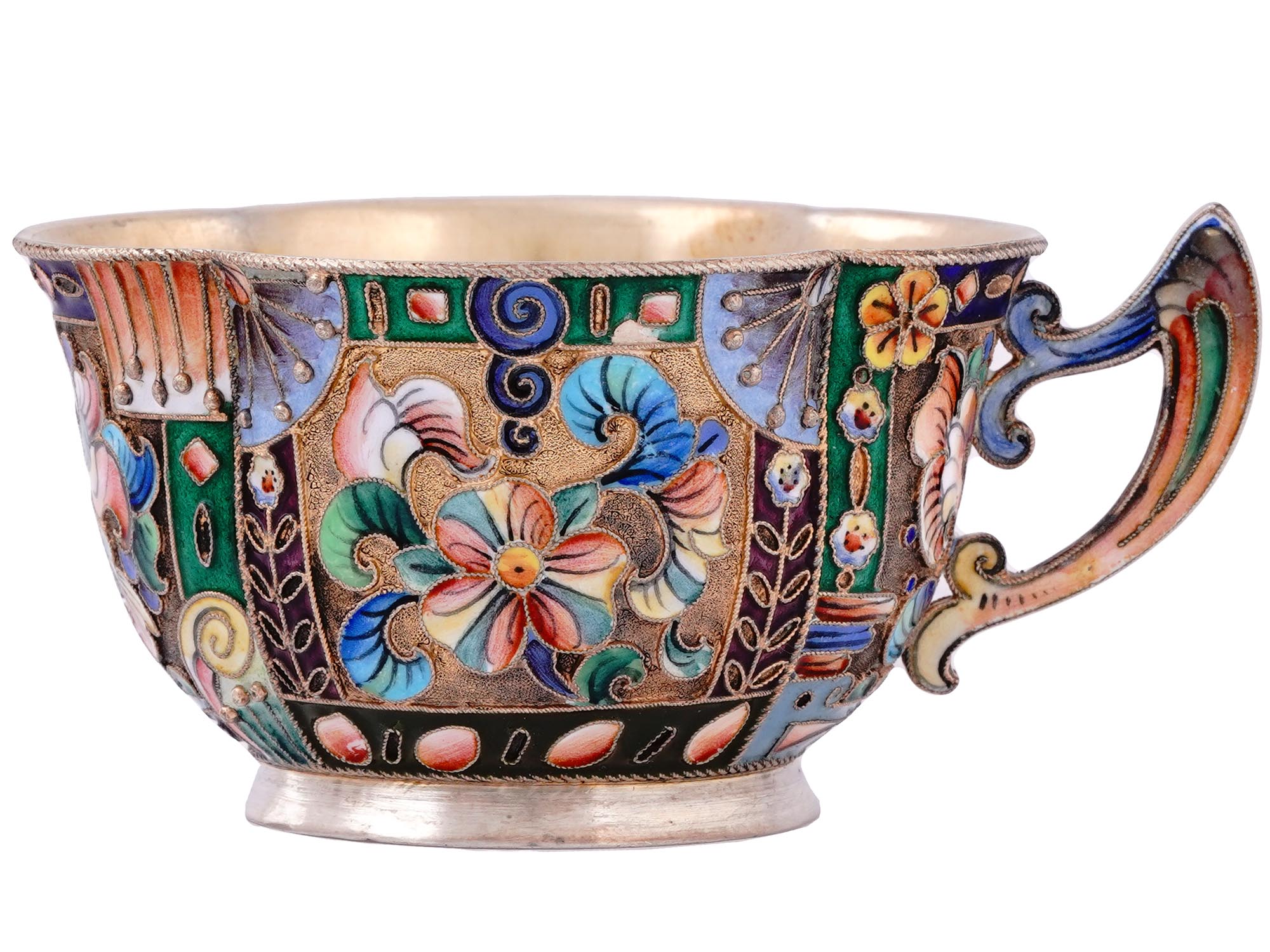 A RUSSIAN SILVER-GILT AND CLOISONNE ENAMEL CHOCOLATE CUP BY THE 6TH ARTEL, 1908-1917
