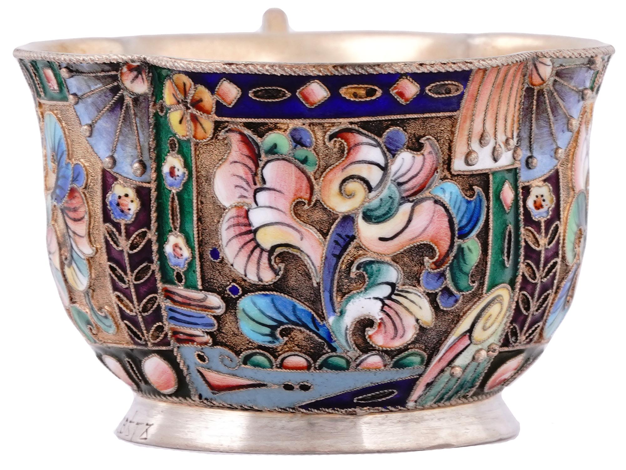 A RUSSIAN SILVER-GILT AND CLOISONNE ENAMEL CHOCOLATE CUP BY THE 6TH ARTEL, 1908-1917