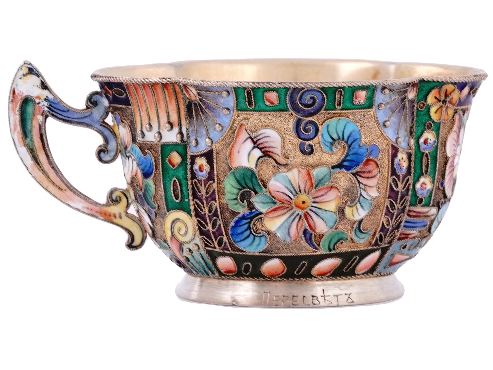 A RUSSIAN SILVER-GILT AND CLOISONNE ENAMEL CHOCOLATE CUP BY THE 6TH ARTEL, 1908-1917