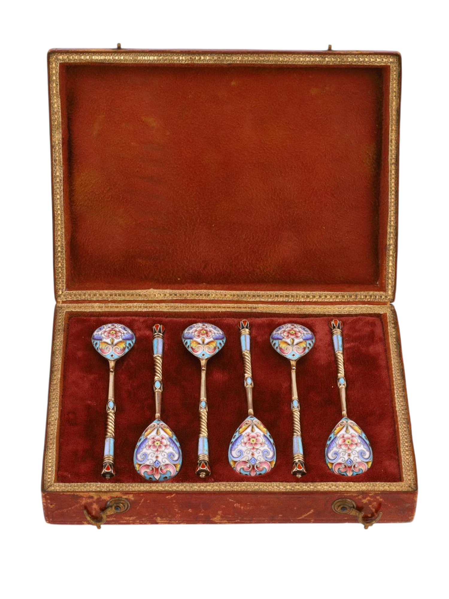 SIX CASED RUSSIAN ENAMEL SPOONS BY F. RUCKERT, 1899-1908