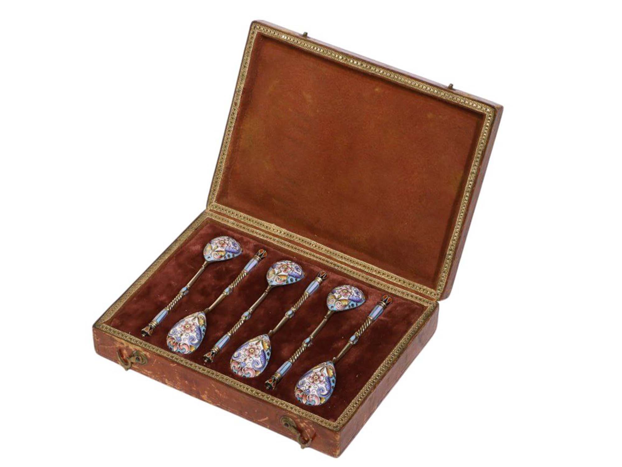 SIX CASED RUSSIAN ENAMEL SPOONS BY F. RUCKERT, 1899-1908